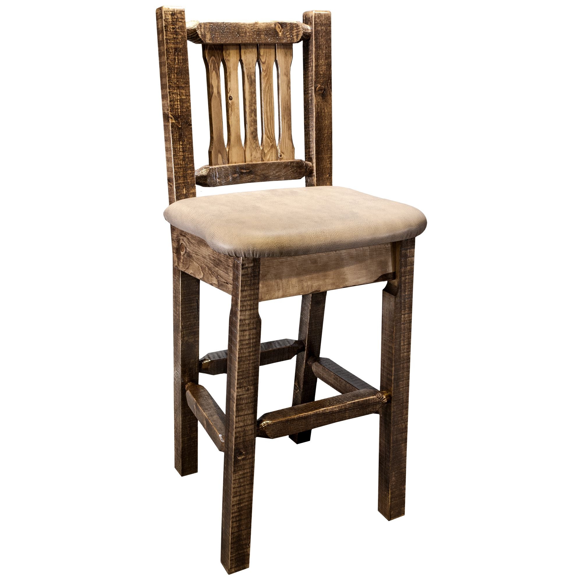 Montana Homestead Collection MWHCBSWNRSLBUCK Barstool With Back Stain and  Lacquer Finish Seat - Buckskin Upholstery