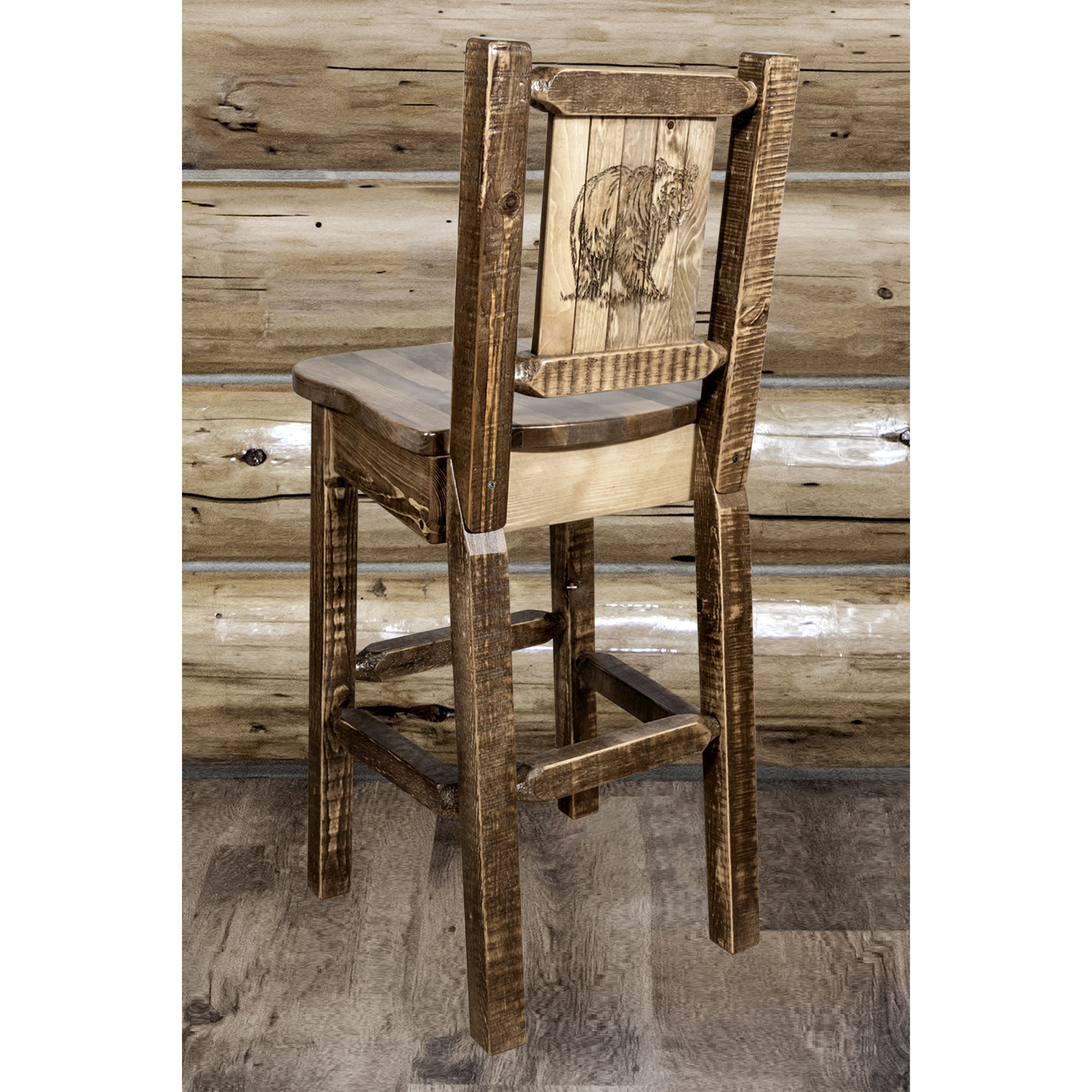 Montana Homestead MWHCBSWNRSLLZBEAR Barstool With Back and Laser Engraved Bear Design Stain Lacquer Finish