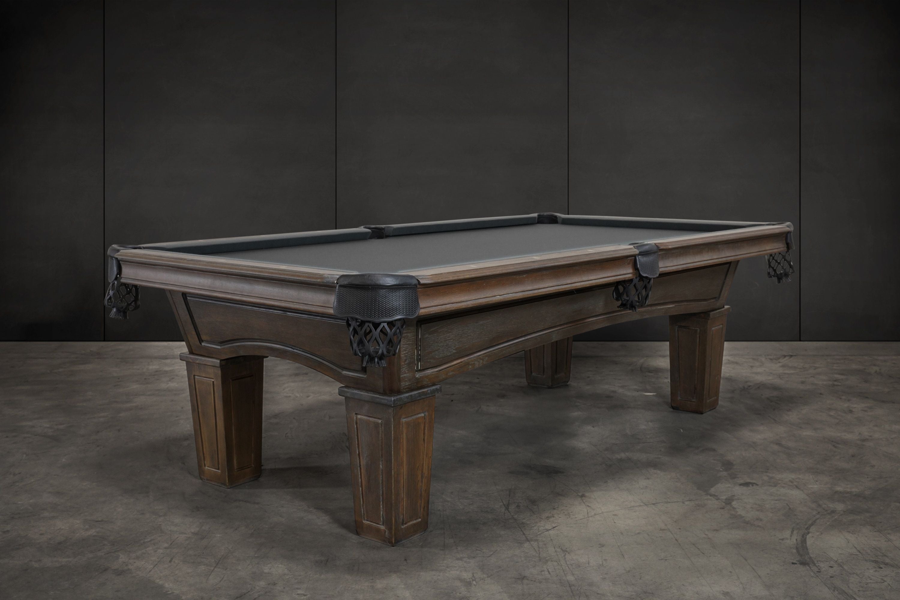 Nixon Billiards 8ft Bearski Slate Pool Table Brown Wash ISAF-90010 Side Angle Lifestyle