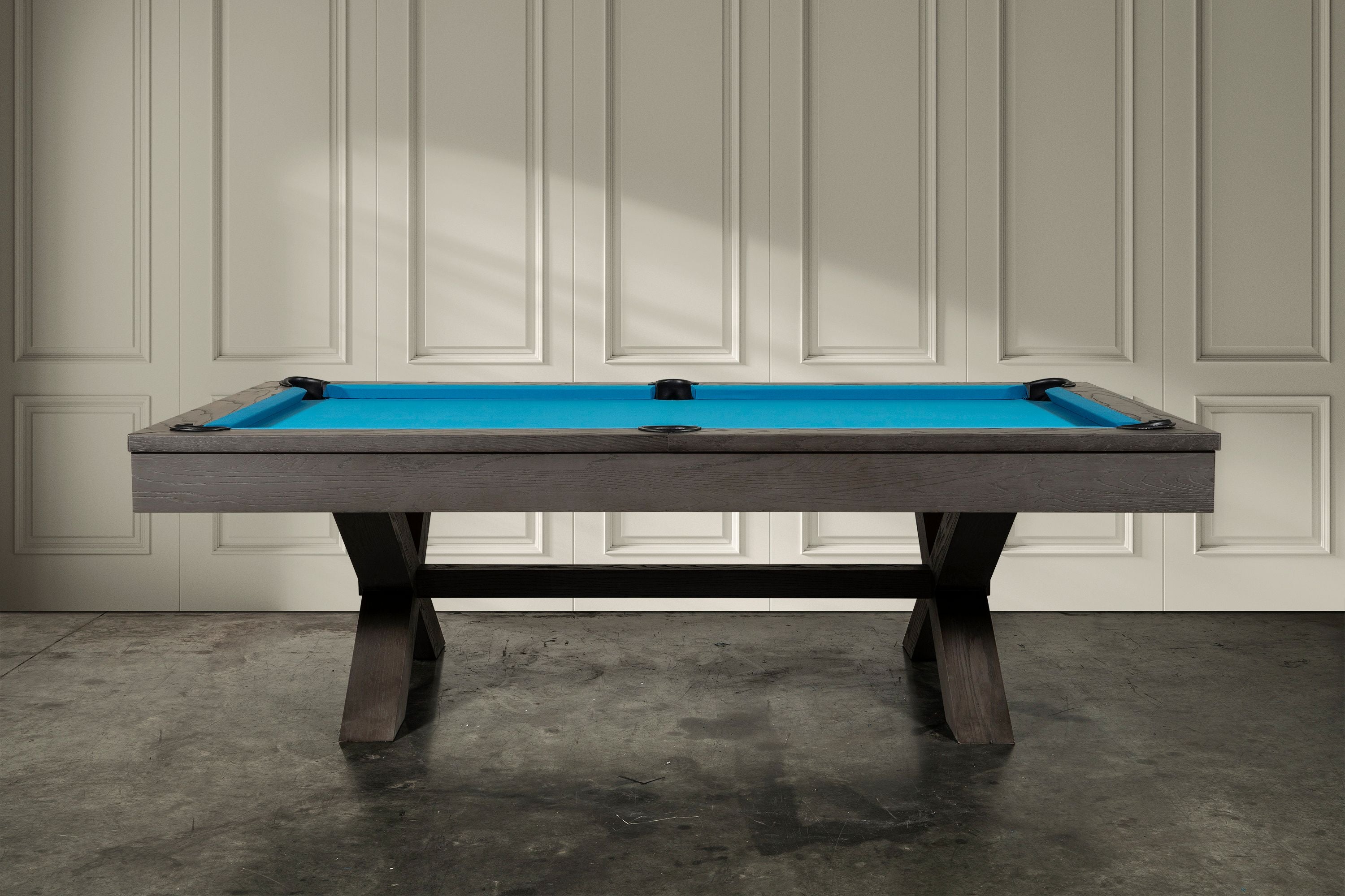 Nixon Billiards CrissyCross Slate Pool Table ISAF 90080/ISAF 90081 Charcoal Side Angle Blue fabric Lifestyle