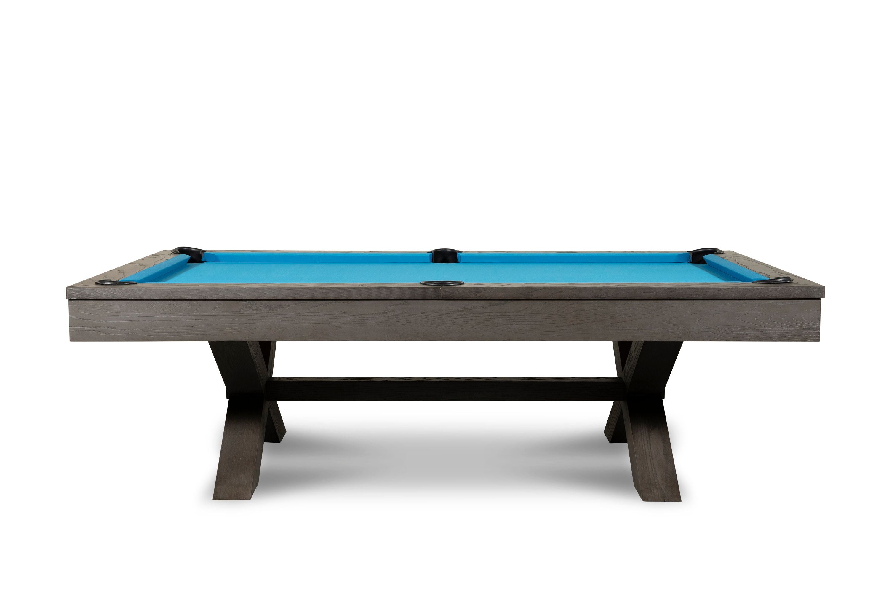 Nixon Billiards CrissyCross Slate Pool Table ISAF 90080/ISAF 90081 Charcoal Side Angle Blue Fabric