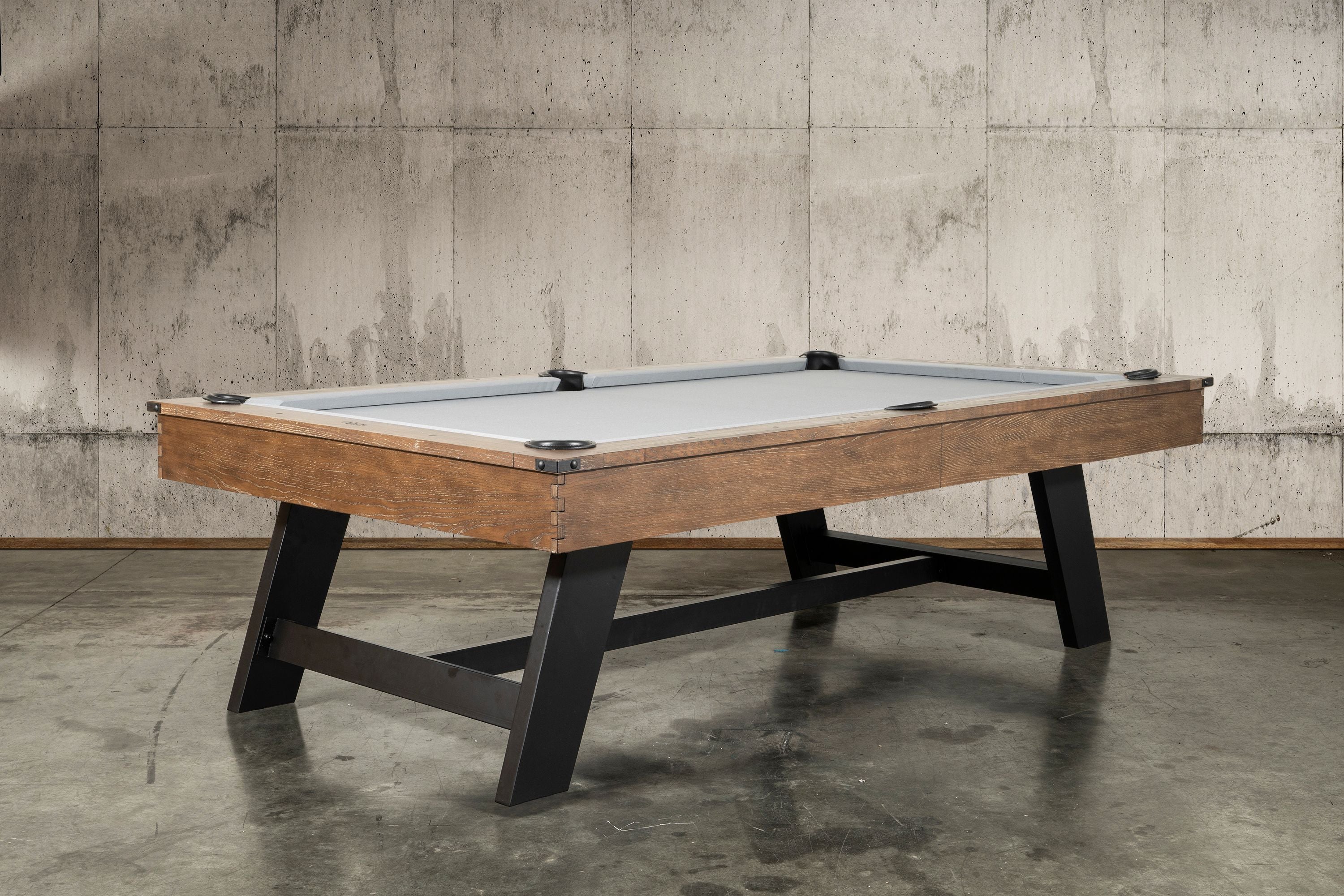 Nixon Billiards Hunter Slate Pool Table Brushed Walnut Metal Leg Corner Angle Lifestyle