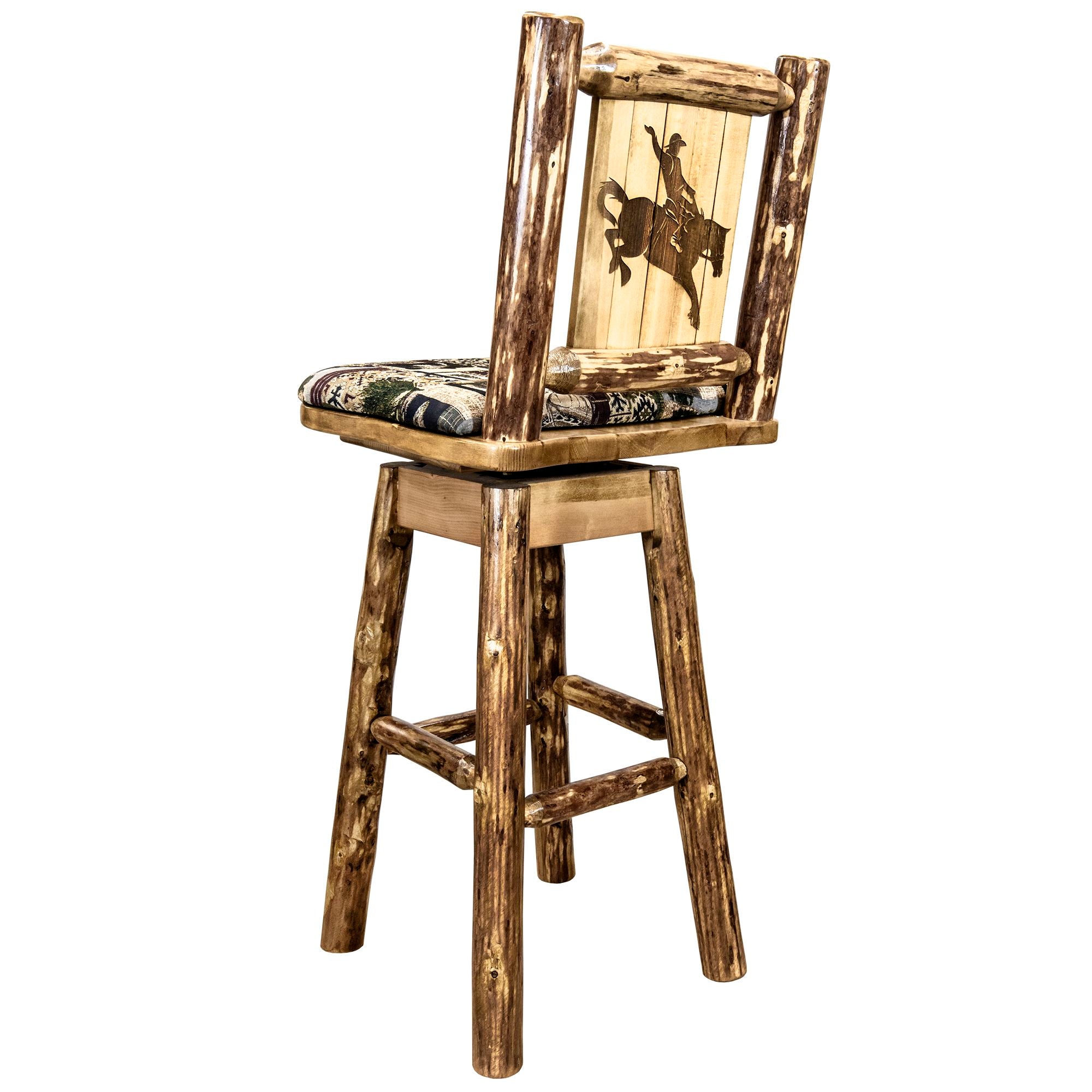 montana glacier country collection barstool with back swivel woodland pattern upholstery with laser engraved bronc design mwgcbswsnrwoodlbronc
