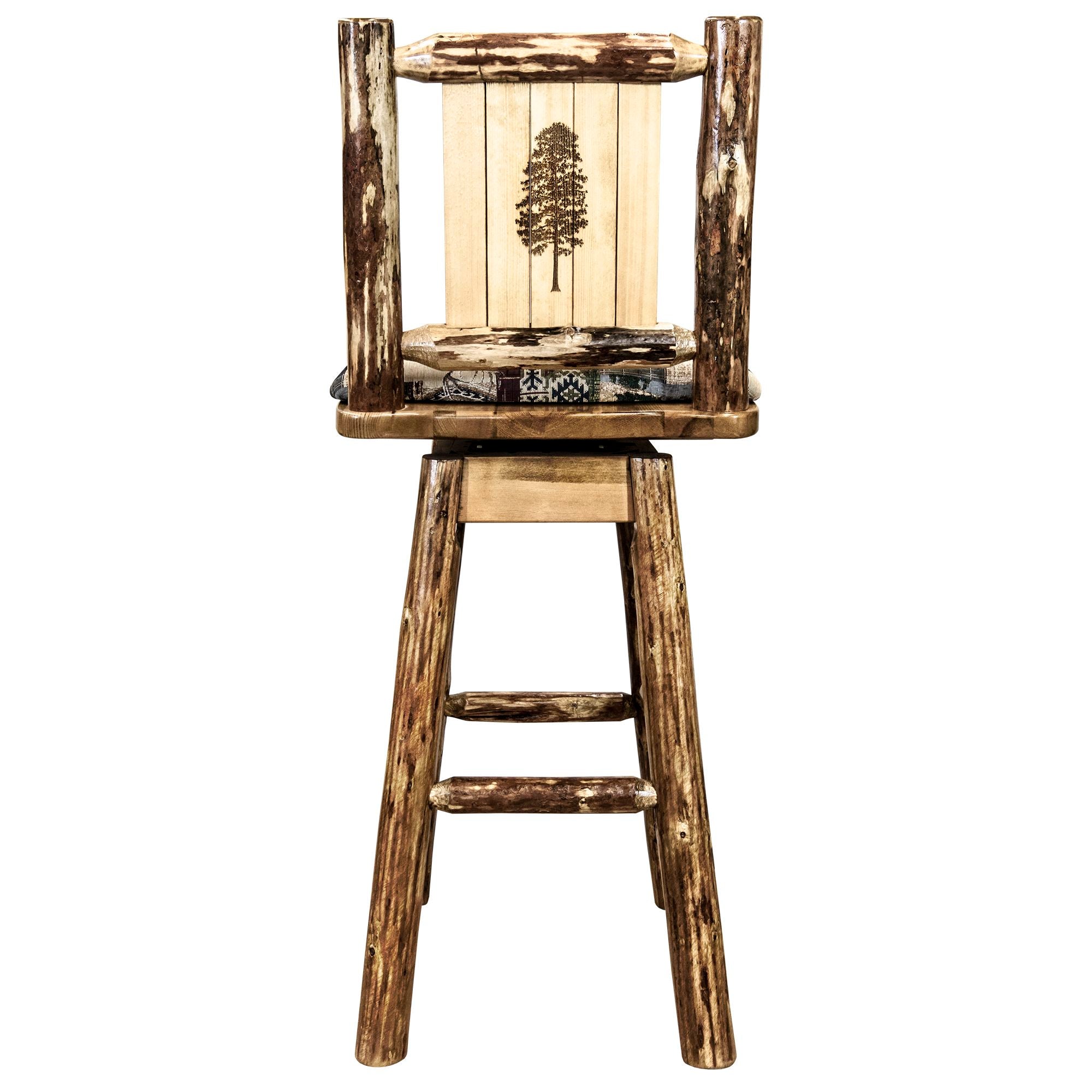 montana glacier country collection barstool with back swivel woodland pattern upholstery with laser engraved pinetree design mwgcbswsnrwoodlpine