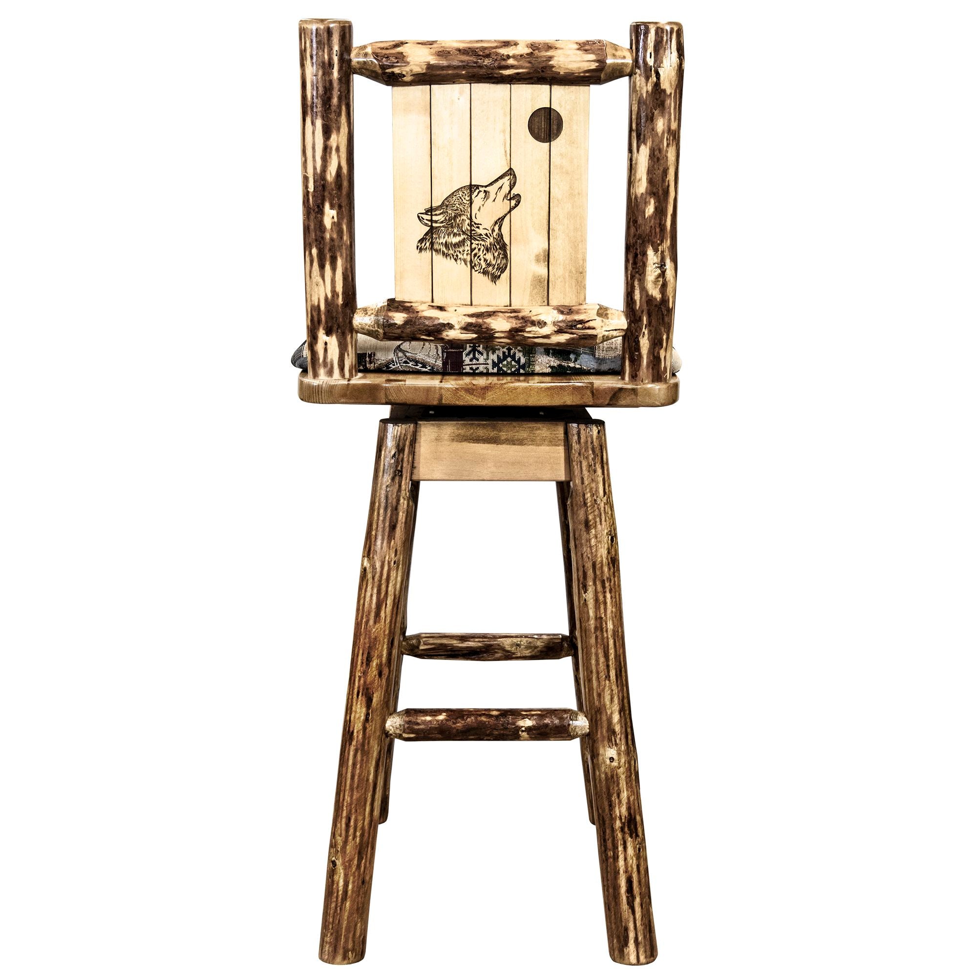 montana glacier country collection barstool with back swivel woodland pattern upholstery with laser engraved wolf design mwgcbswsnrwoodlwolf back