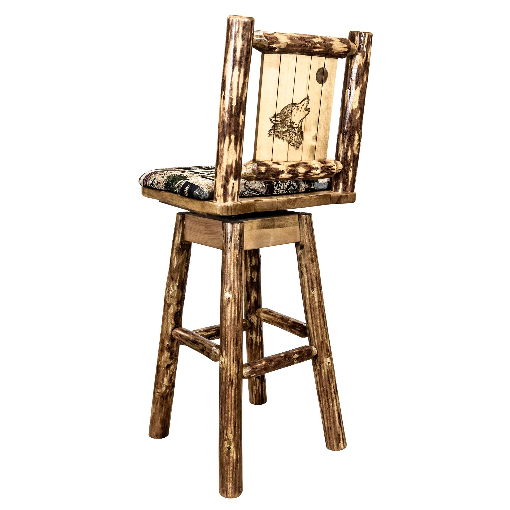 montana glacier country collection barstool with back swivel woodland pattern upholstery with laser engraved wolf design mwgcbswsnrwoodlwolf