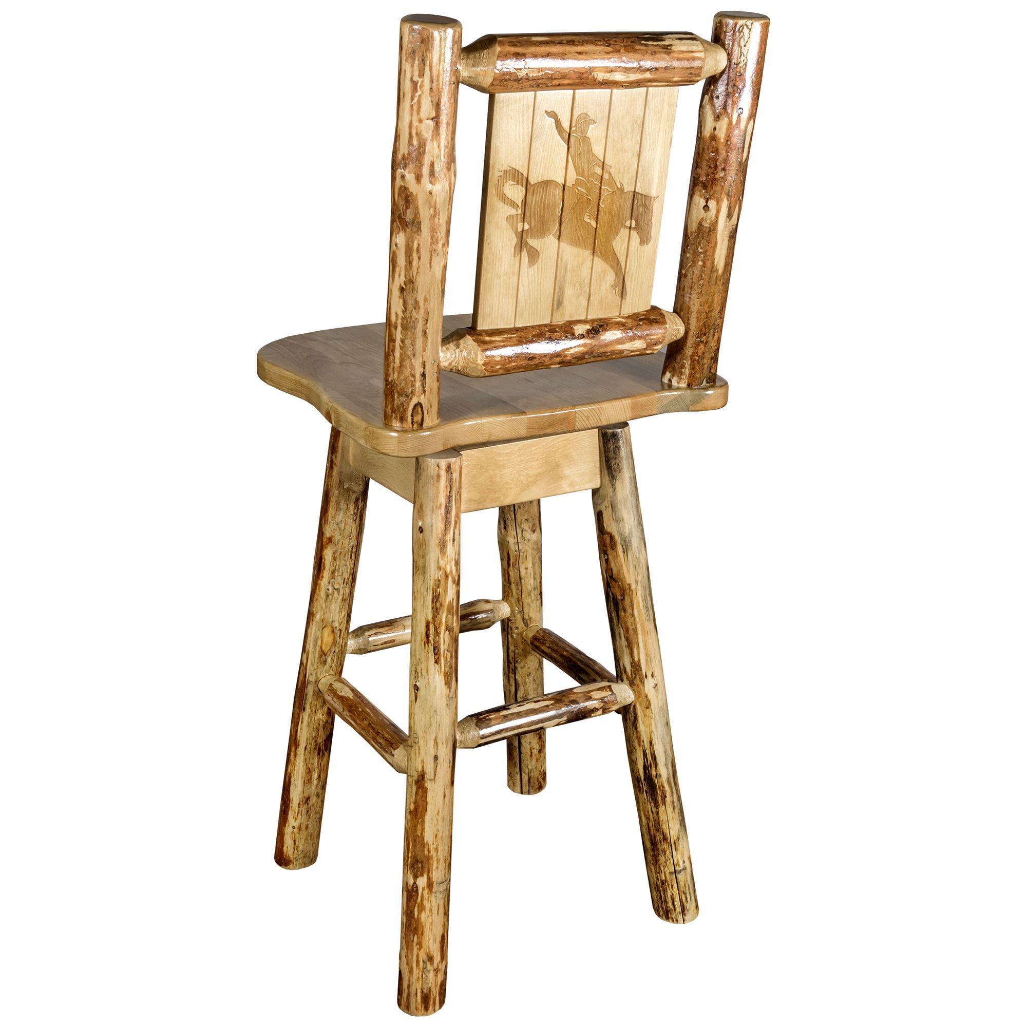 montana woodworks glacier country collection barstool with back and swivel with laser engraved bronc design mwgcbswsnrlzbronc