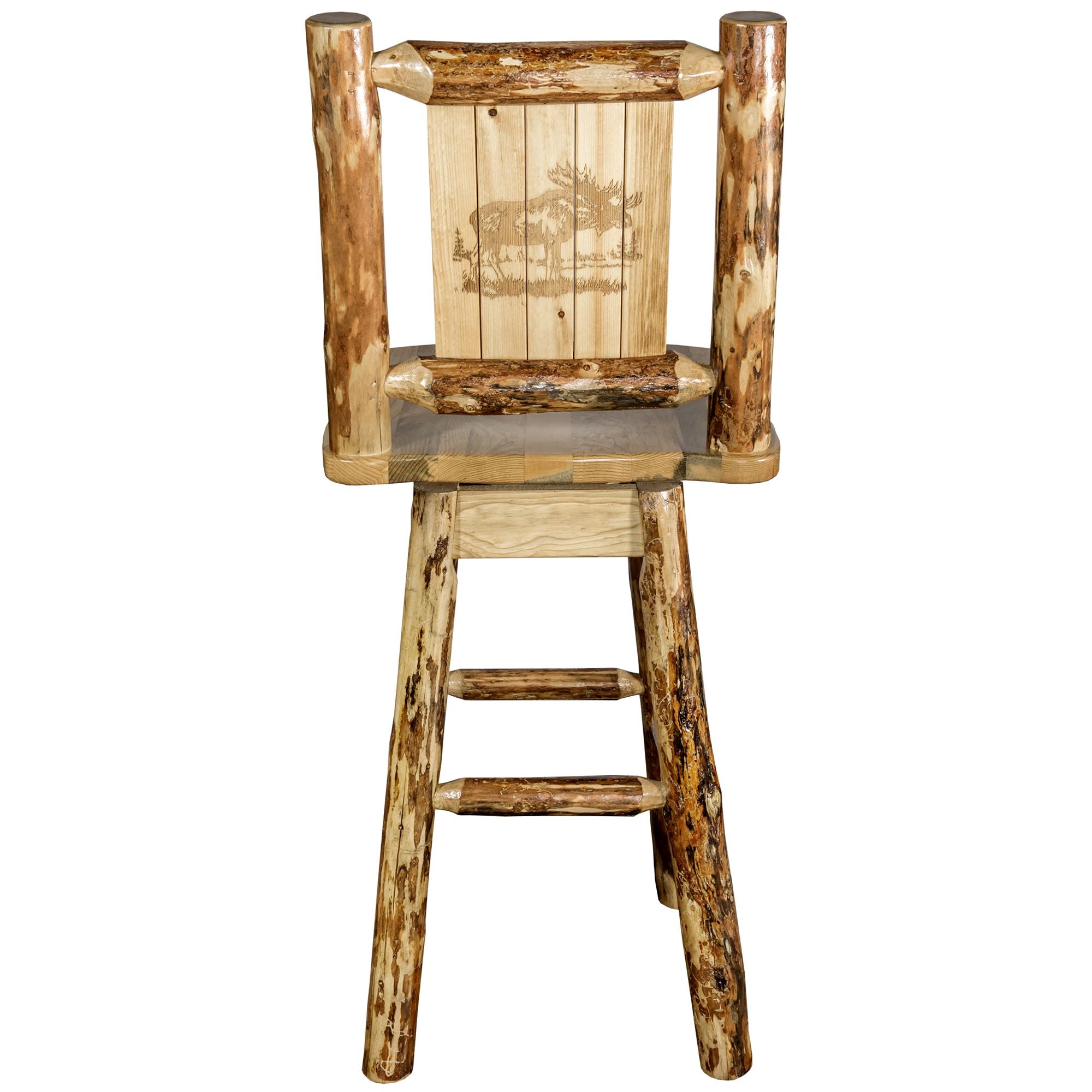 montana woodworks glacier country collection barstool with back and swivel with laser engraved moose design mwgcbswsnrlzmoose back