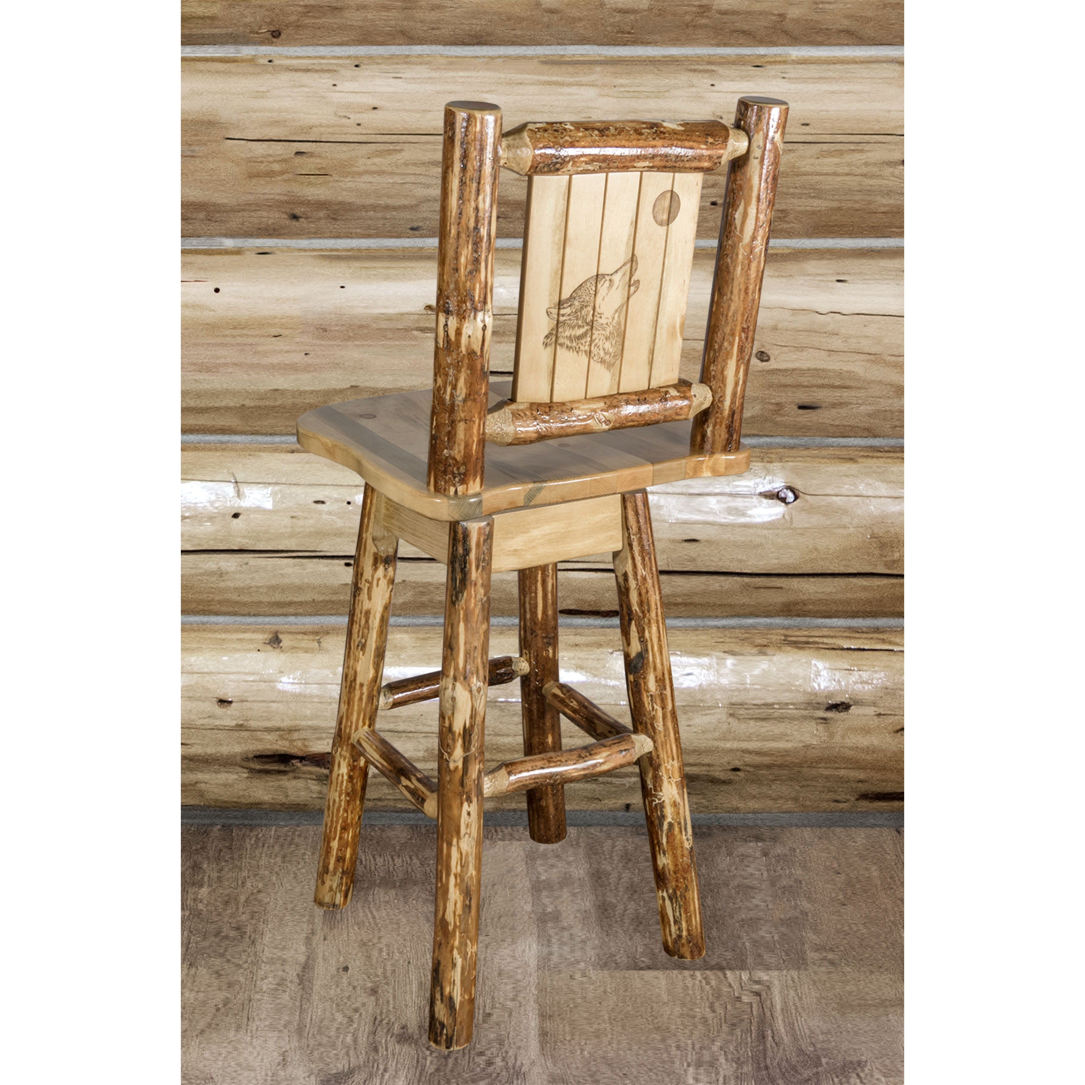 montana woodworks glacier country collection barstool with back and swivel with laser engraved wolf design mwgcbswsnrlzwolf indoor