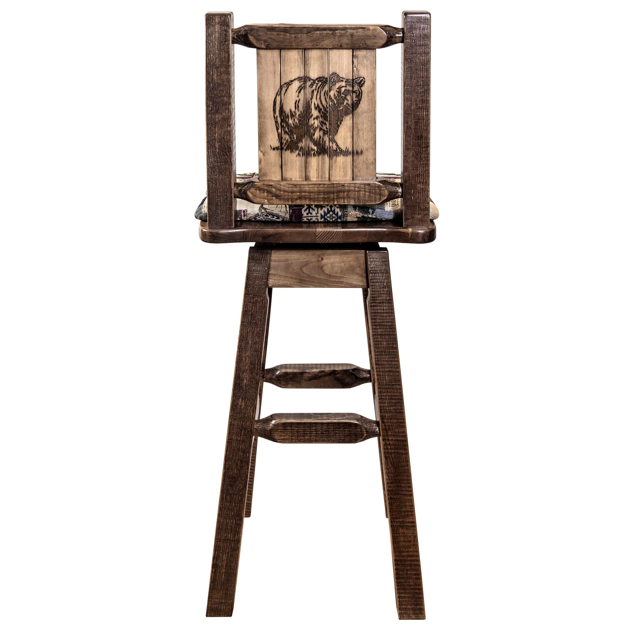 montana woodworks homestead collection barstool with back and swivel woodland pattern upholstery and laser engraved bear design mwhcbswsnrslbear back