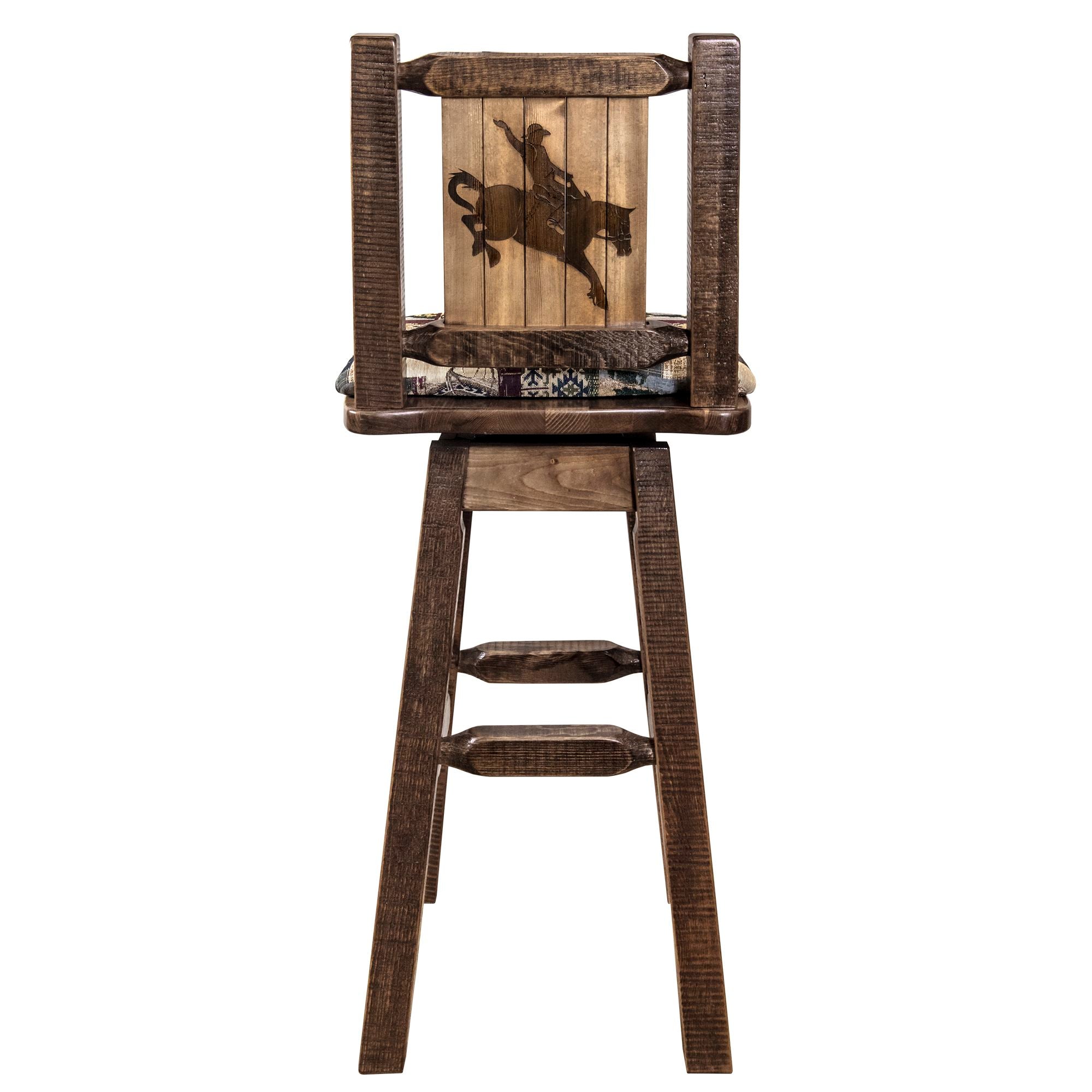 montana woodworks homestead collection barstool with back and swivel woodland pattern upholstery and laser engraved bronc design mwhcbswsnrslbronc back