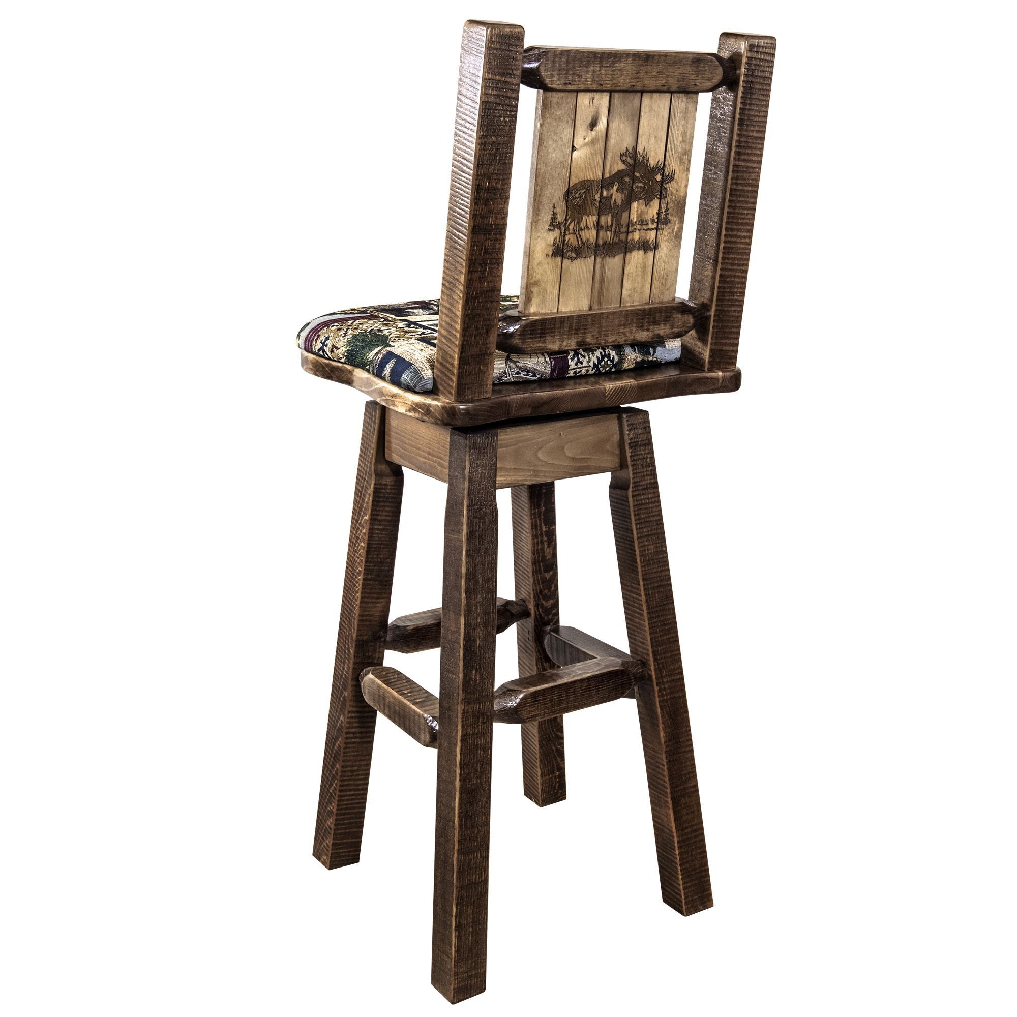 montana woodworks homestead collection barstool with back and swivel woodland pattern upholstery and laser engraved moose design mwhcbswsnrslmoose back