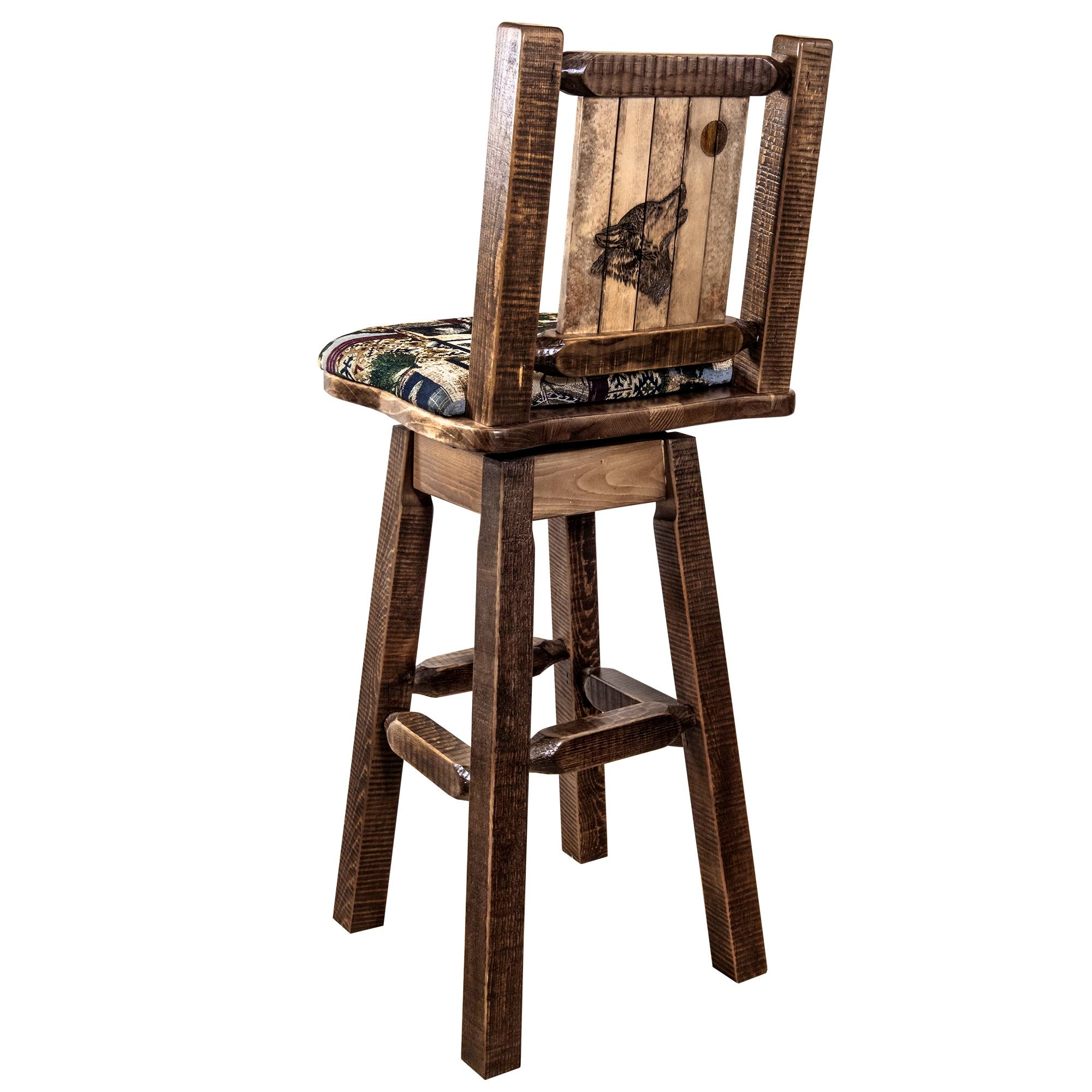montana woodworks homestead collection barstool with back and swivel woodland pattern upholstery and laser engraved wolf design mwhcbswsnrslwolf