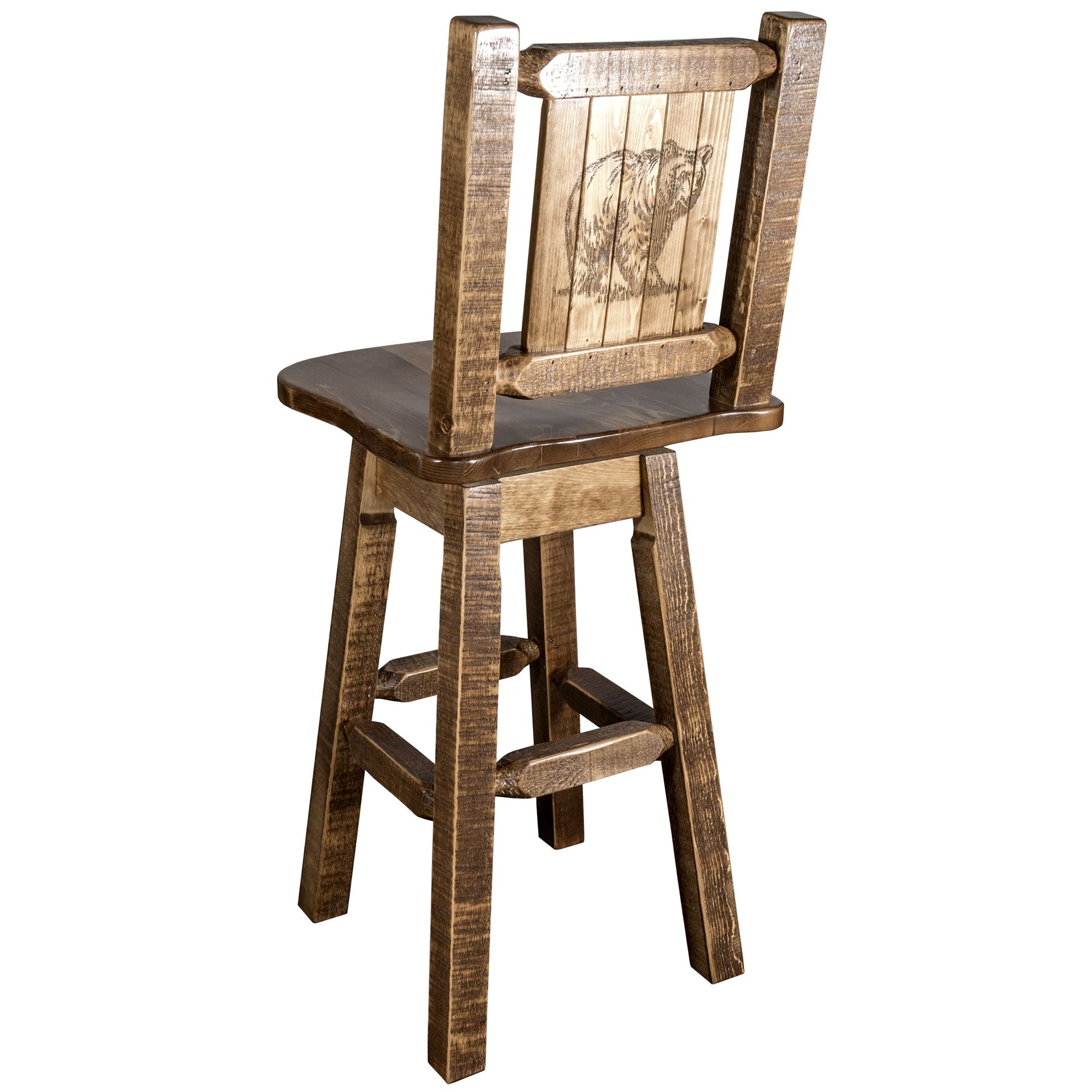 montana woodworks homestead collection-barstool with back swivel and laser engraved bear design stain lacquer finish mwhcbswsnrsllzbear