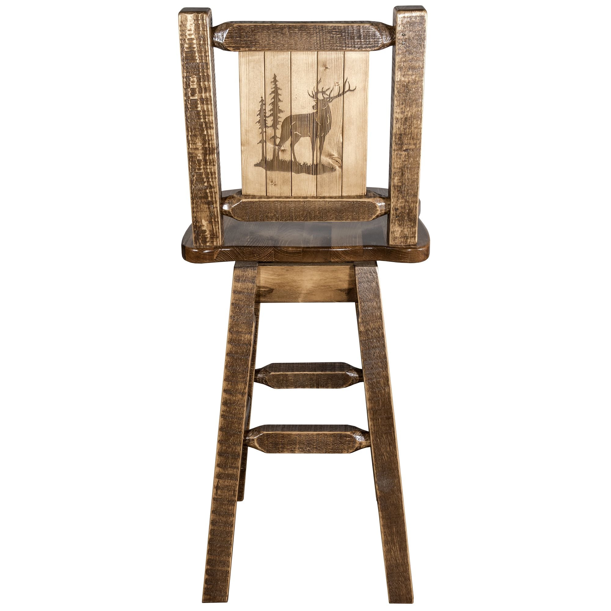 montana woodworks homestead collection barstool with back swivel and laser engraved eck design stain lacquer finish mwhcbswsnrsllzeck back