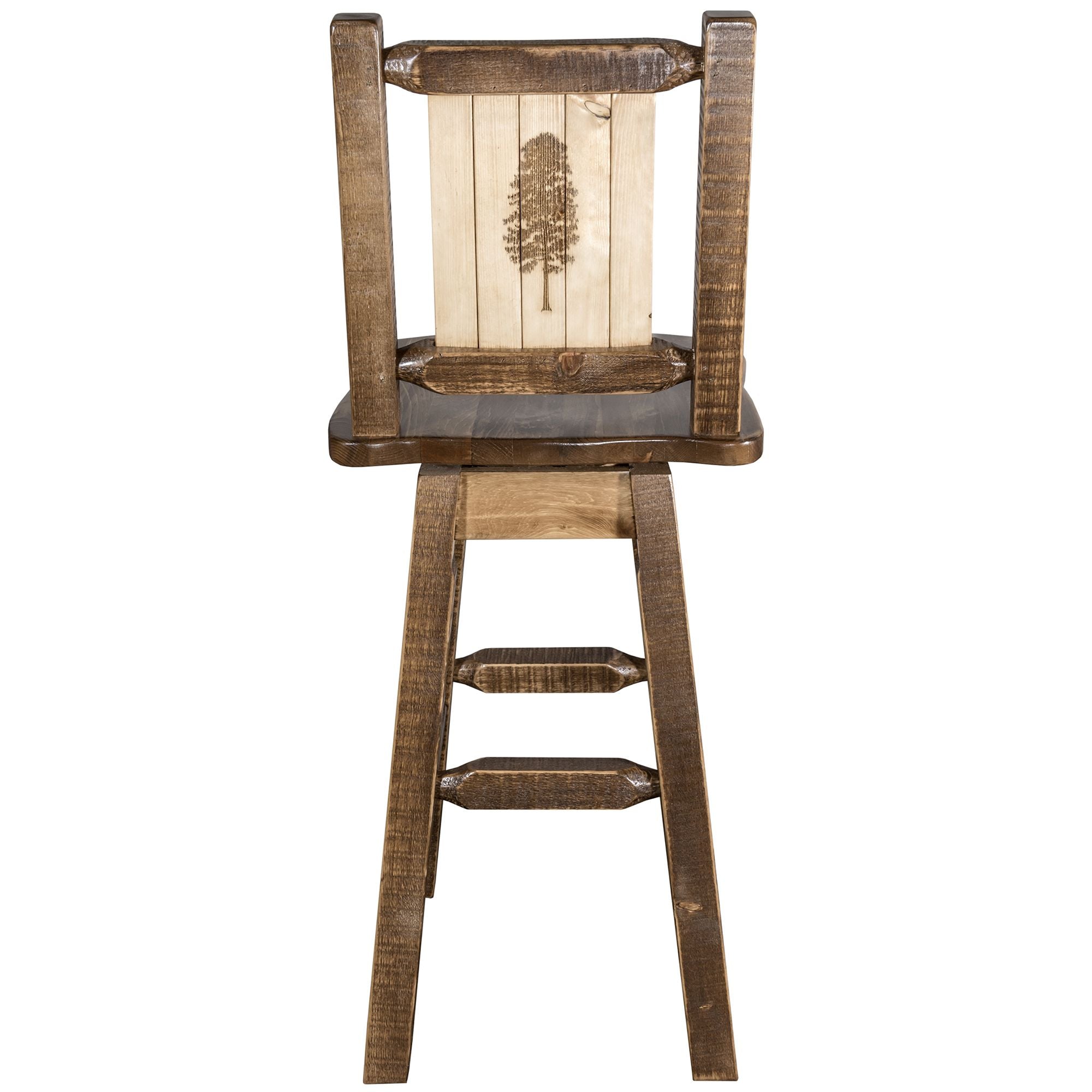 montana woodworks homestead collection barstool with back swivel and laser engraved pine design stain lacquer finish mwhcbswsnrsllzpine back