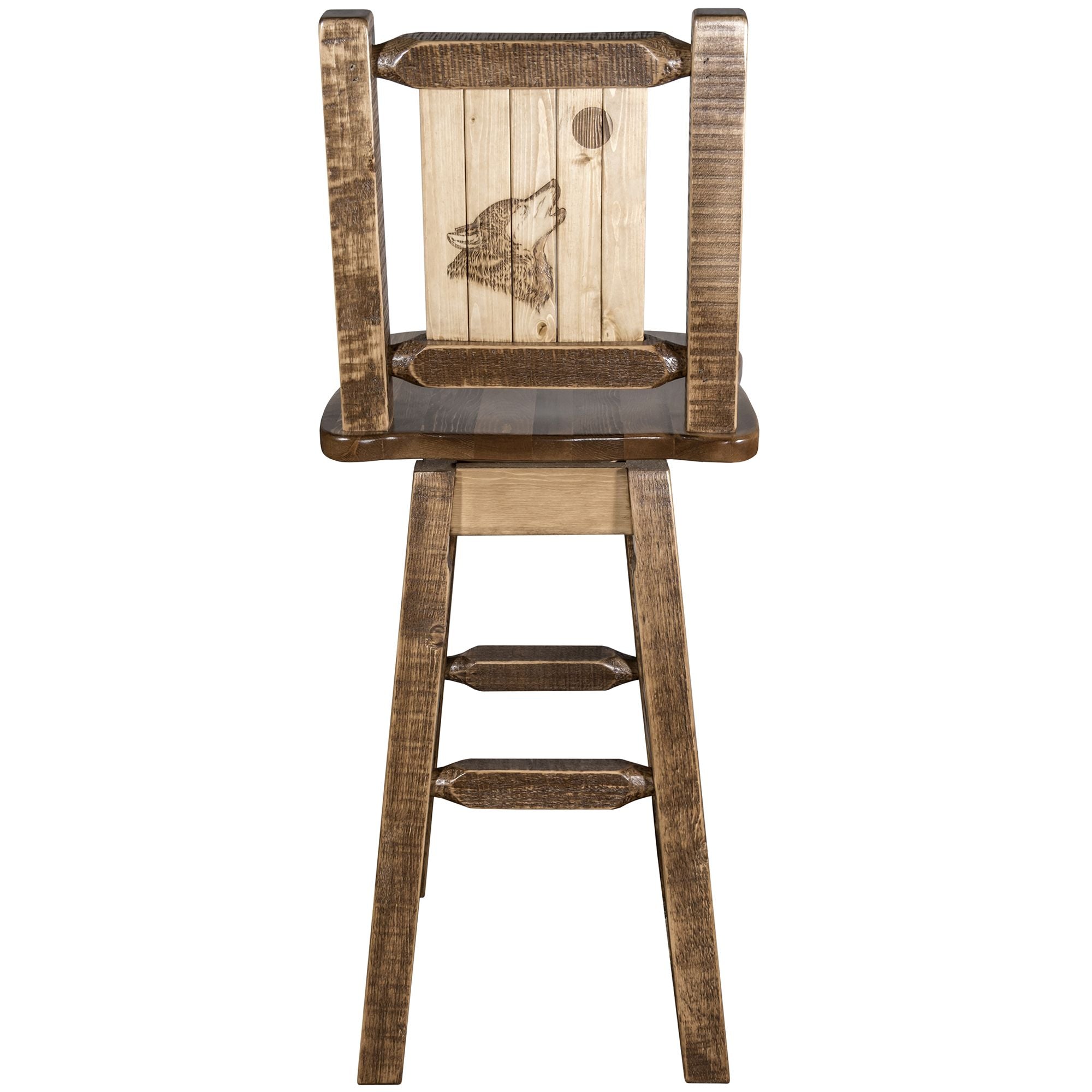 montana woodworks homestead collection barstool with back swivel and laser engraved wolf design stain lacquer finish mwhcbswsnrsllzwolf back