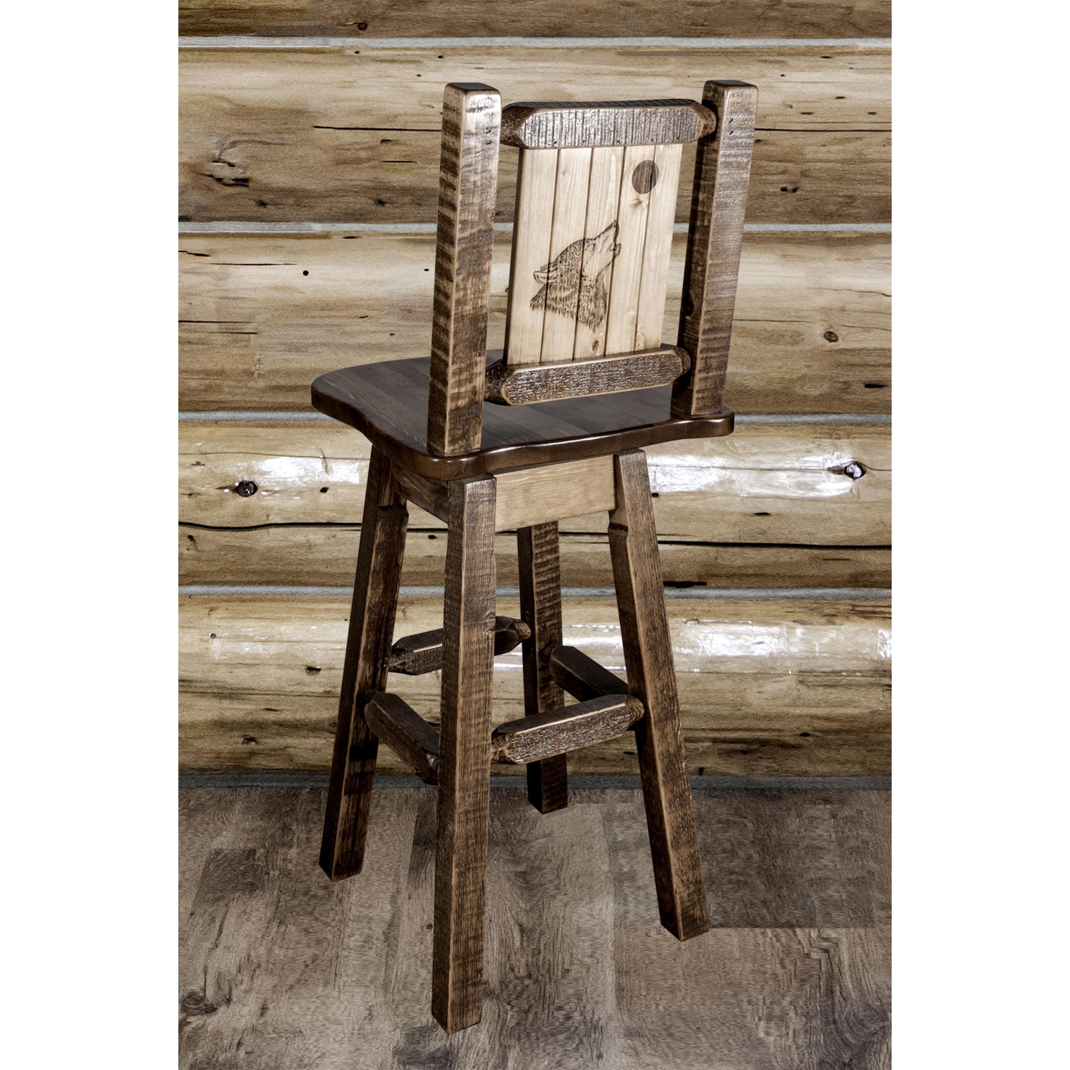 montana woodworks homestead collection barstool with back swivel and laser engraved wolf design stain lacquer finish mwhcbswsnrsllzwolf indoor