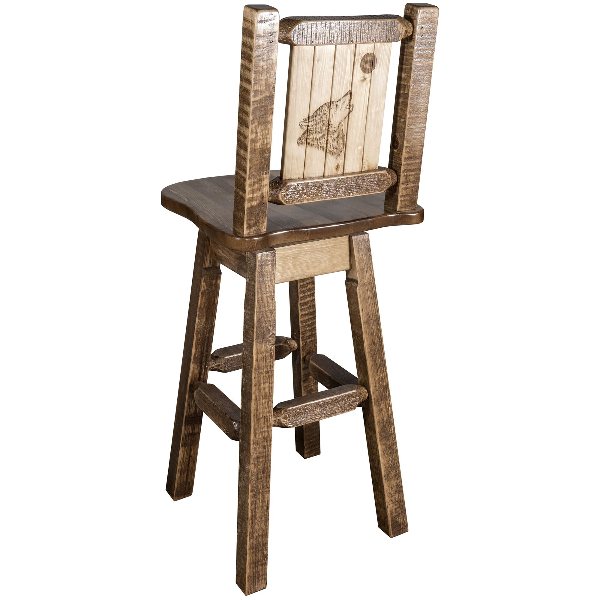 montana woodworks homestead collection barstool with back swivel and laser engraved wolf design stain lacquer finish mwhcbswsnrsllzwolf