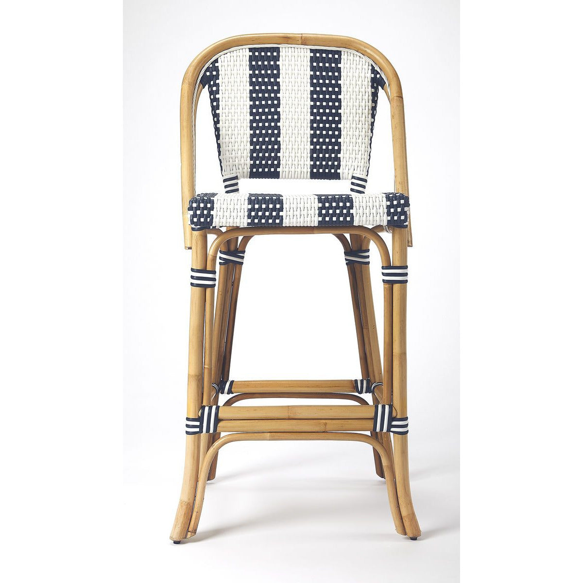 Butler Specialty 3715291 Lila Blue & White Stripe Rattan Bar Stool Front