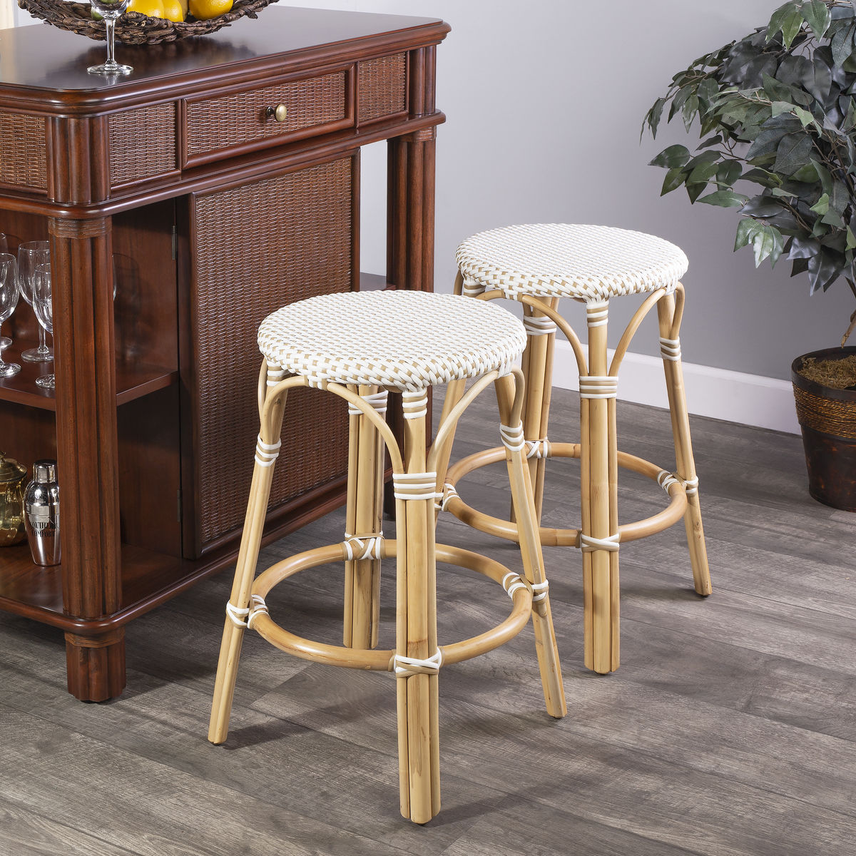 Butler Specialty 9371415 Tobias Beige and White Rattan Counter Stool