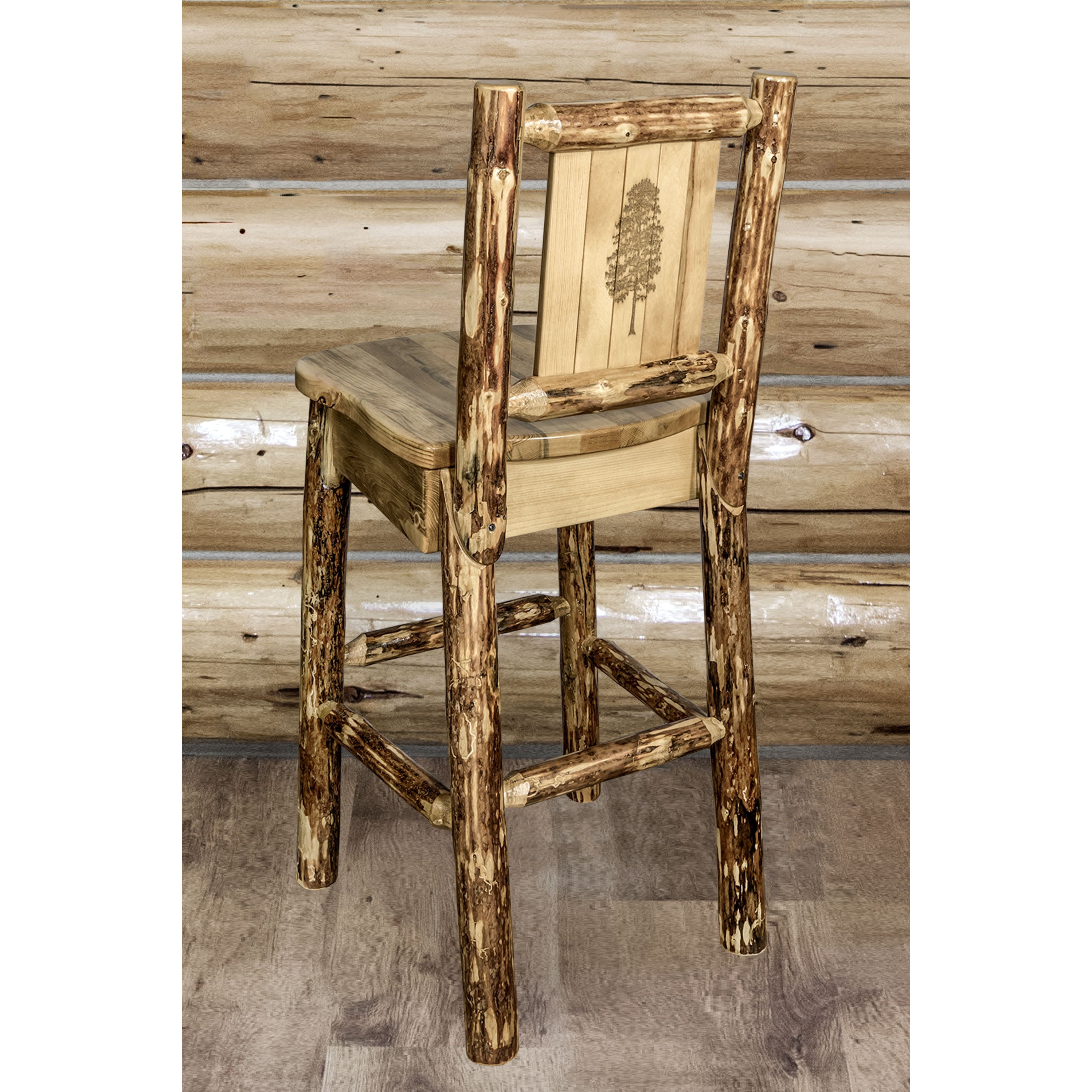 Montana Glacier Country MWGCBSWNRLZPINE Barstool With Back and Laser Engraved Pine Tree Design