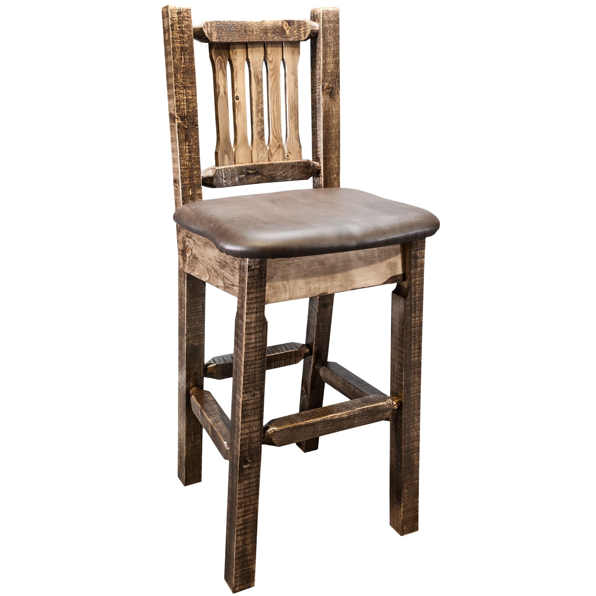 Montana Homestead Collection MWHCBSWNRSLSADD Barstool With Back Stain and  Lacquer Finish Seat - Saddle Upholstery