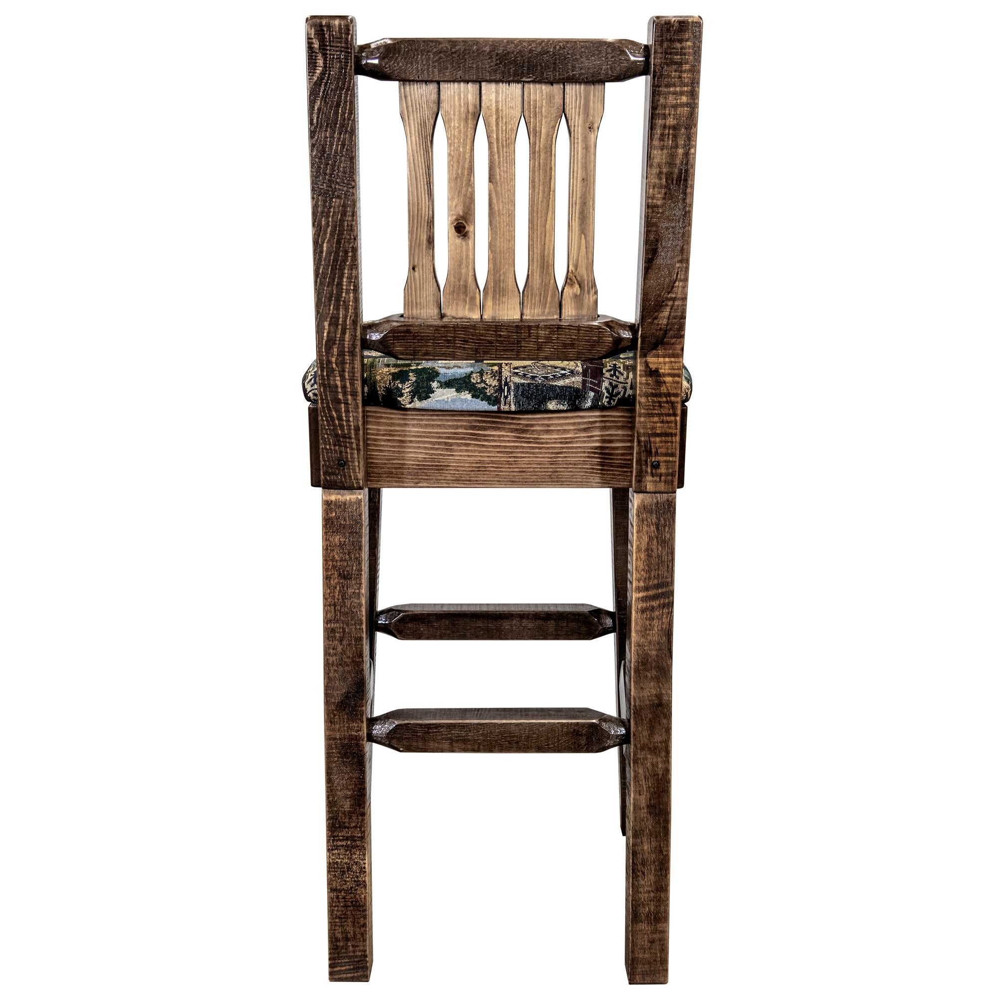 Montana Homestead Collection MWHCBSWNRSLWOOD Barstool With Back Stain and  Lacquer Finish Upholstered Seat - Woodland Pattern