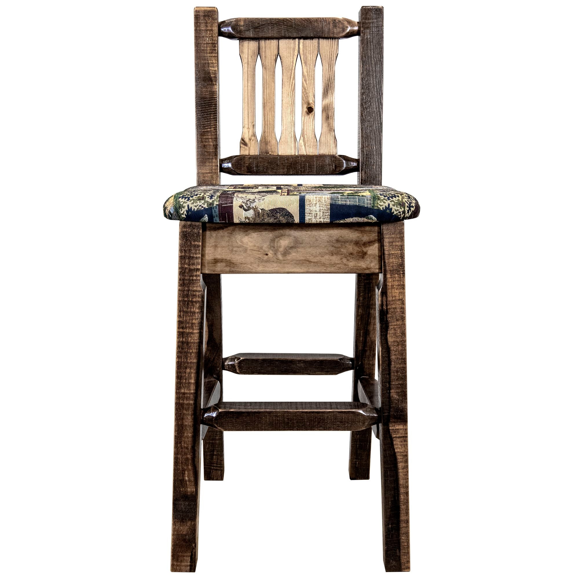 Montana Homestead Collection MWHCBSWNRSLWOOD Barstool With Back Stain and  Lacquer Finish Upholstered Seat - Woodland Pattern Front