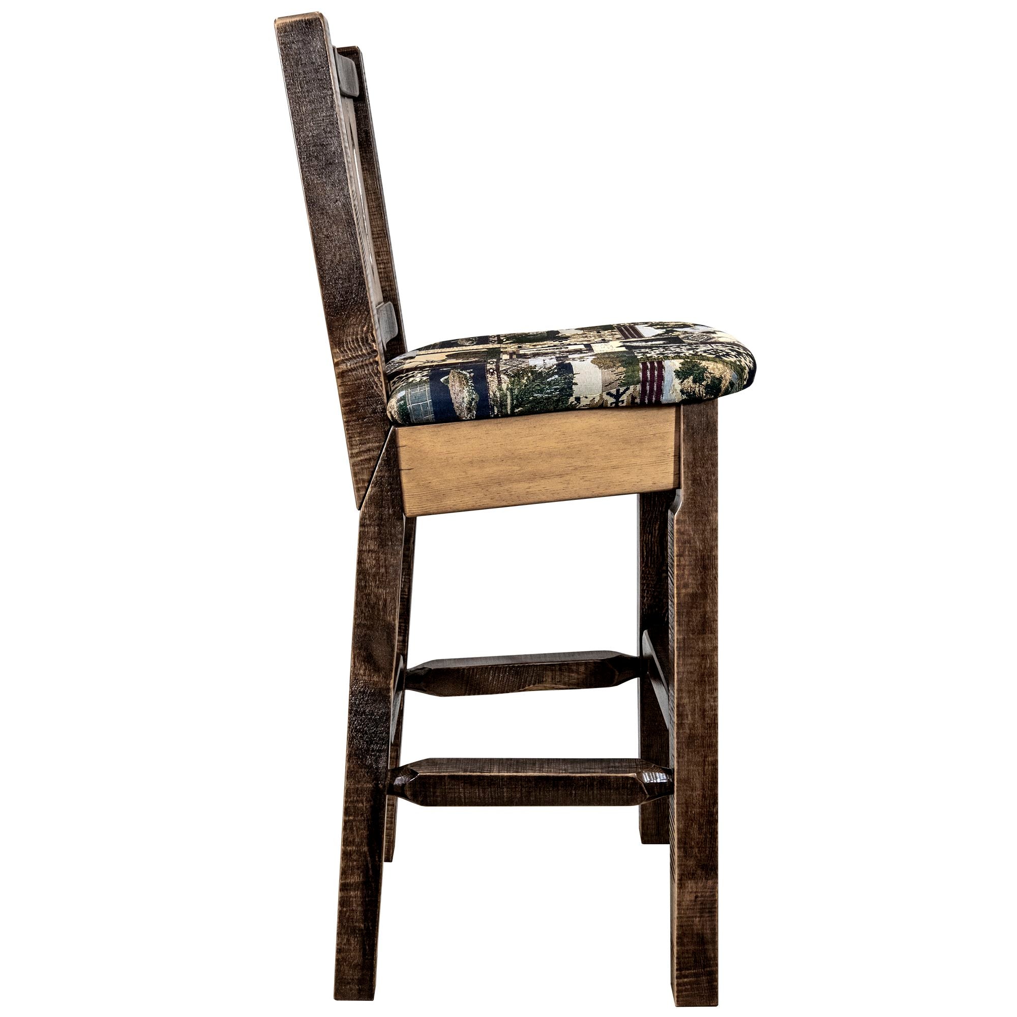 Montana Homestead Collection MWHCBSWNRSLWOOD Barstool With Back Stain and  Lacquer Finish Upholstered Seat - Woodland Pattern right side