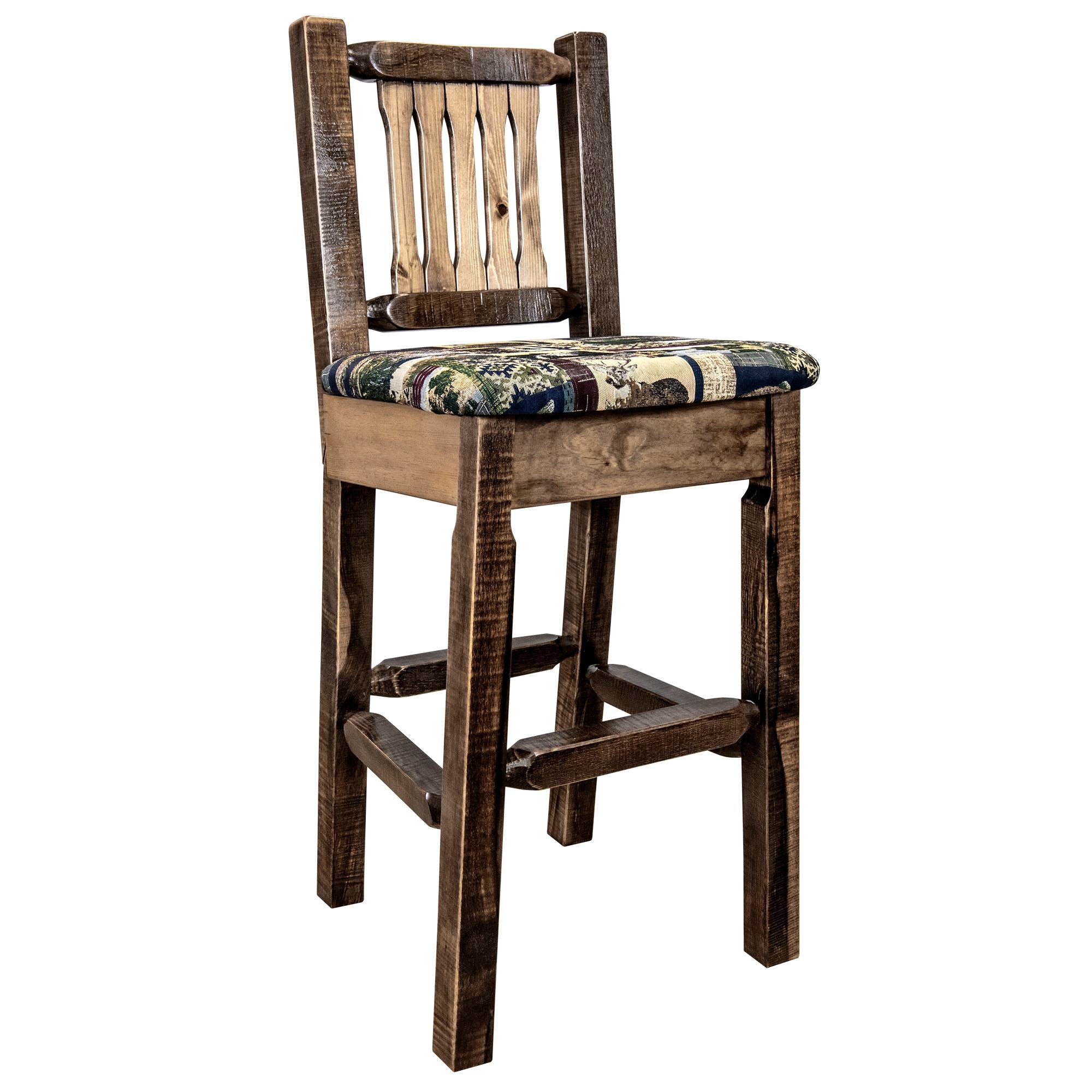 Montana Homestead Collection MWHCBSWNRSLWOOD Barstool With Back Stain and  Lacquer Finish Upholstered Seat - Woodland Pattern