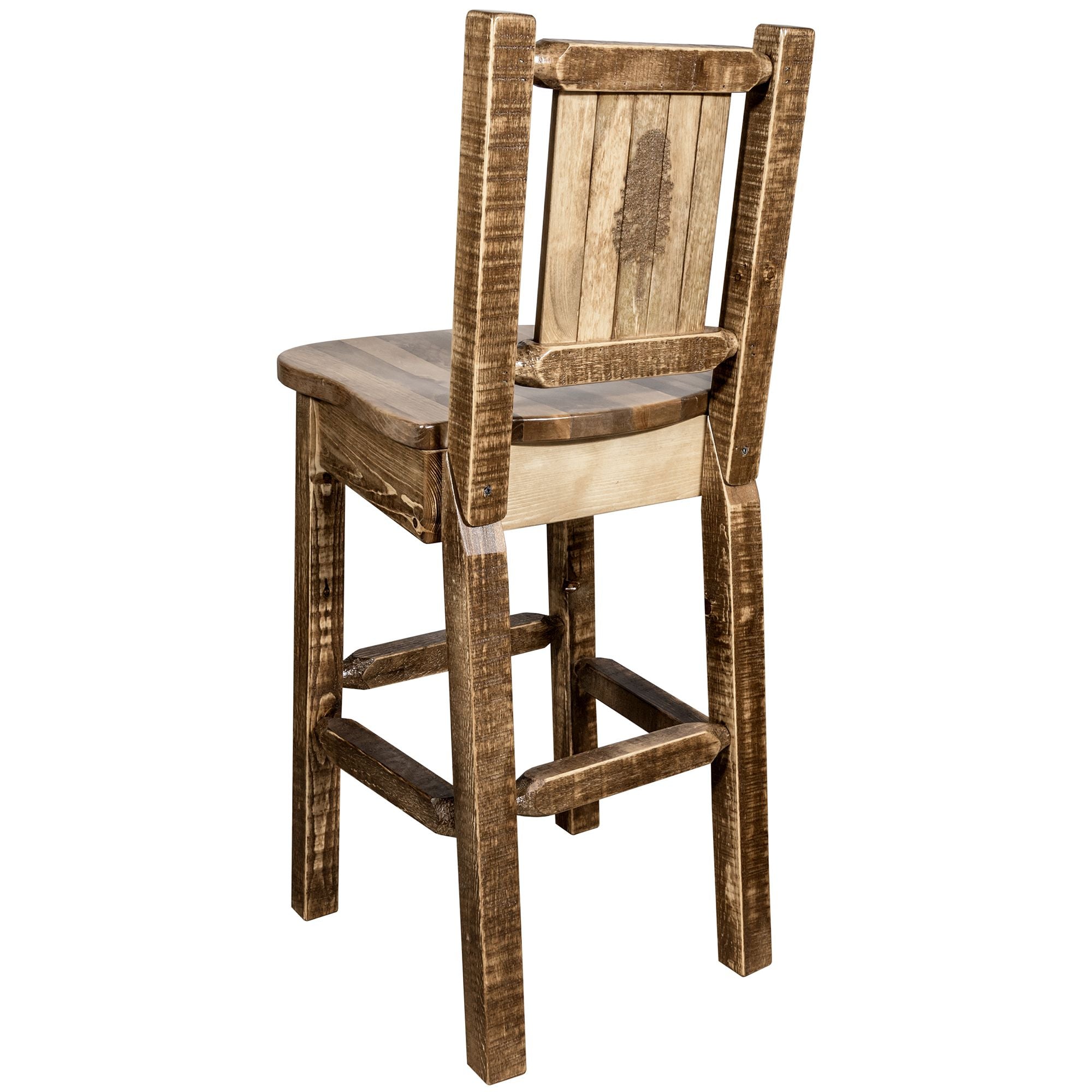 Montana Homestead MWHCBSWNRSLLZPINE Barstool With Back and Laser Engraved Pine Tree Design Stain Lacquer Finish
