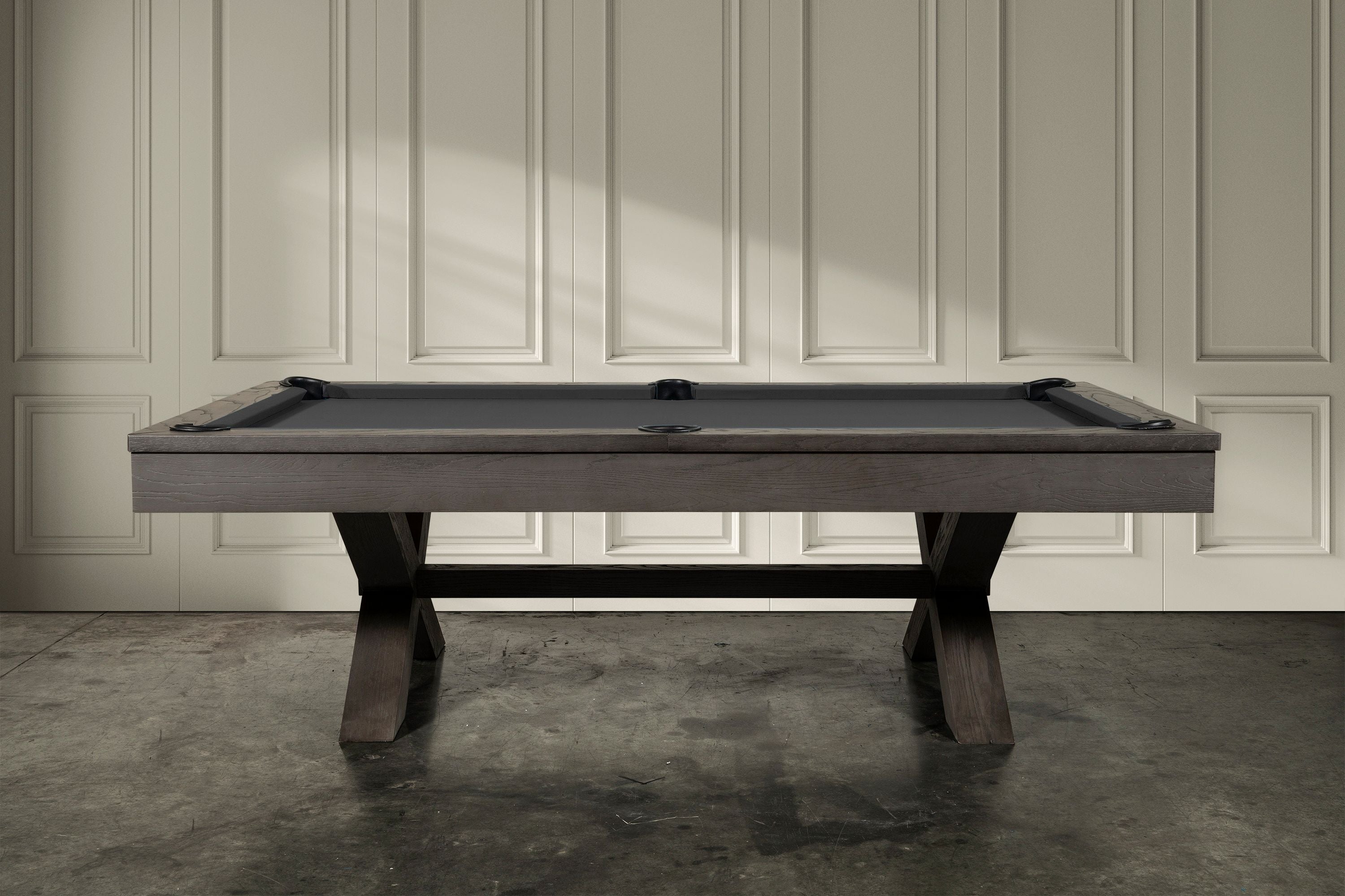Nixon Billiards CrissyCross Slate Pool Table ISAF 90080/ISAF 90081 Charcoal Side Angle Black Fabric Lifestyle
