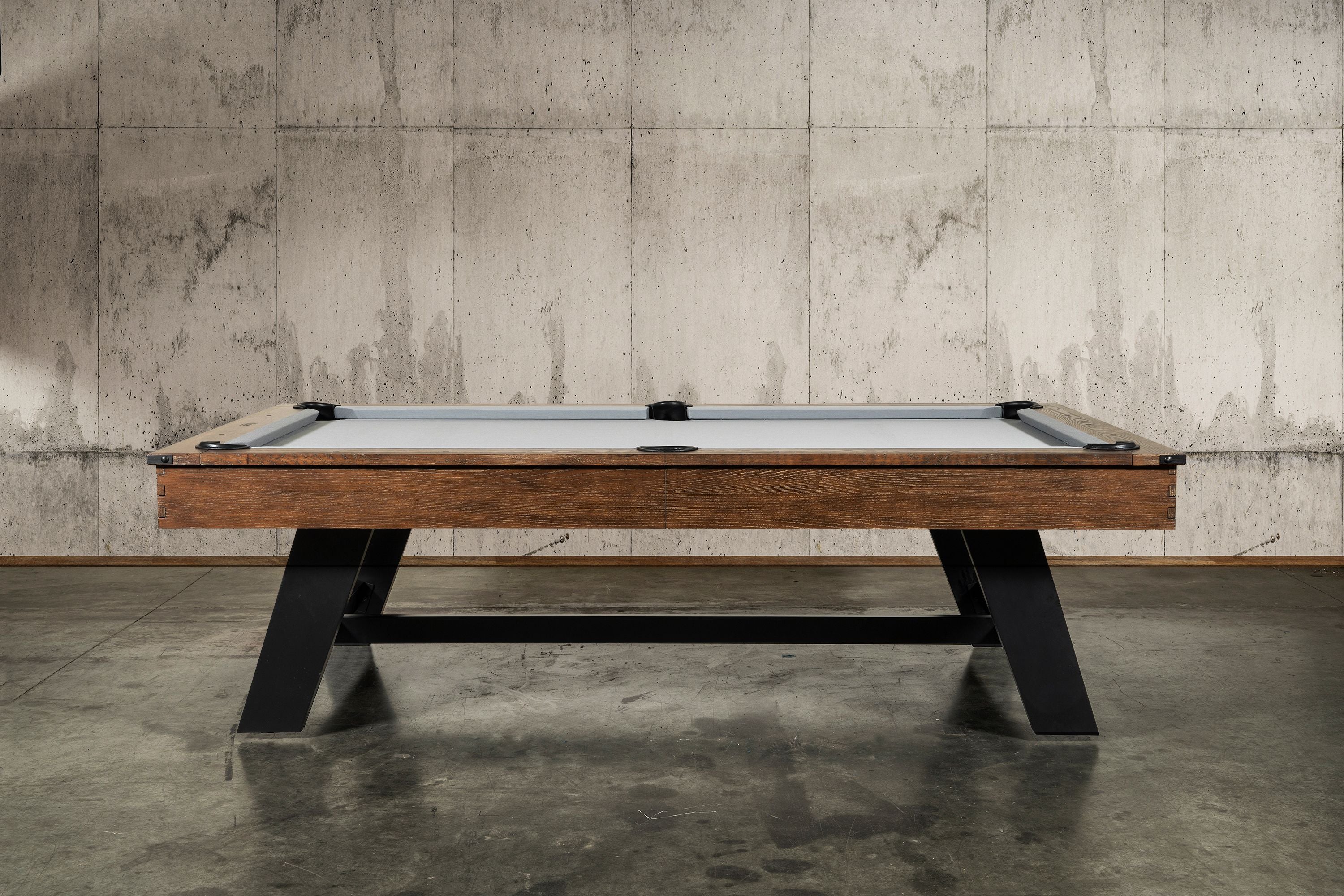 Nixon Billiards Hunter Slate Pool Table Brushed Walnut Metal Leg Side Angle Lifestyle