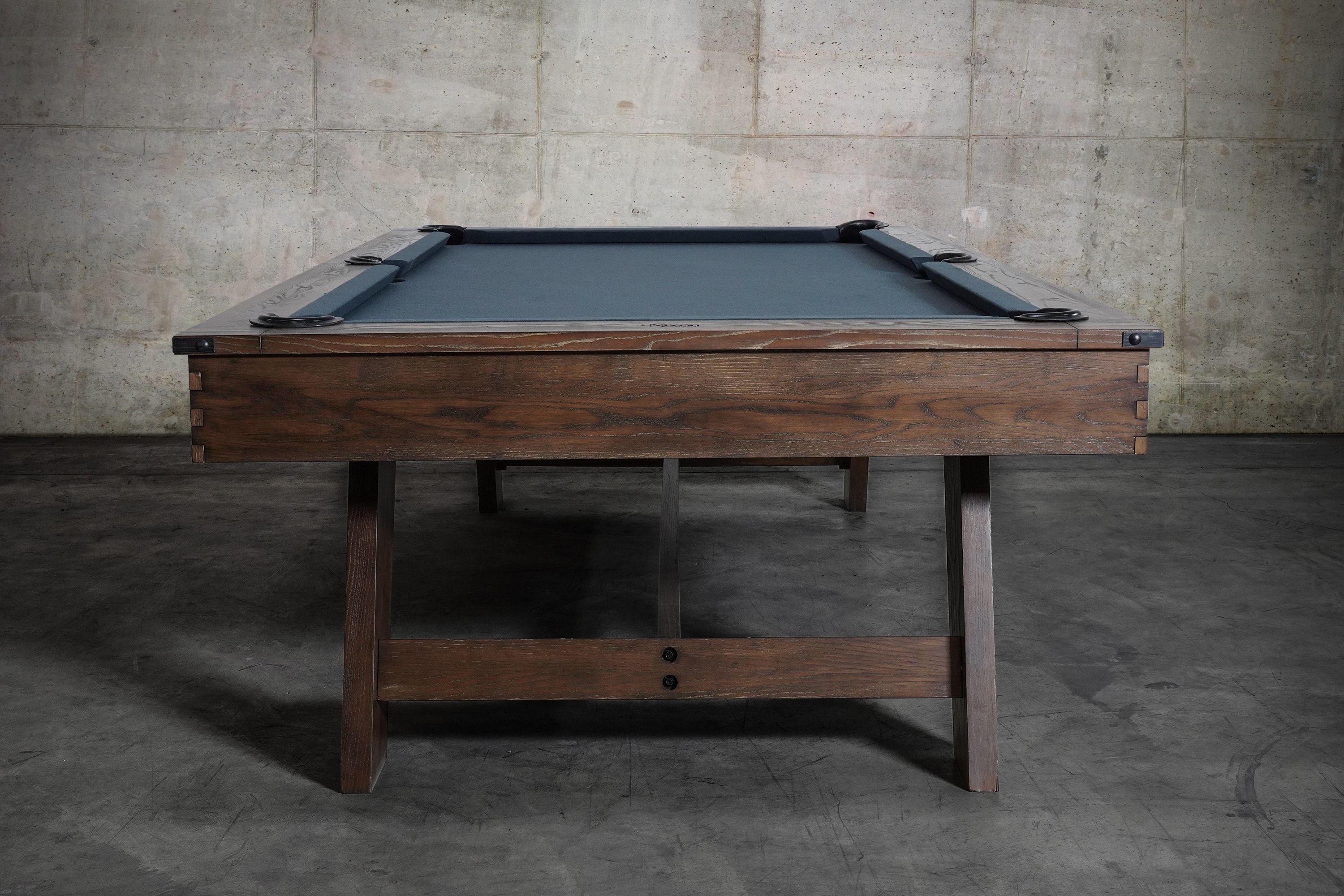 Nixon Billiards Hunter Slate Pool Table Brushed Walnut Wood Leg Upper Angle