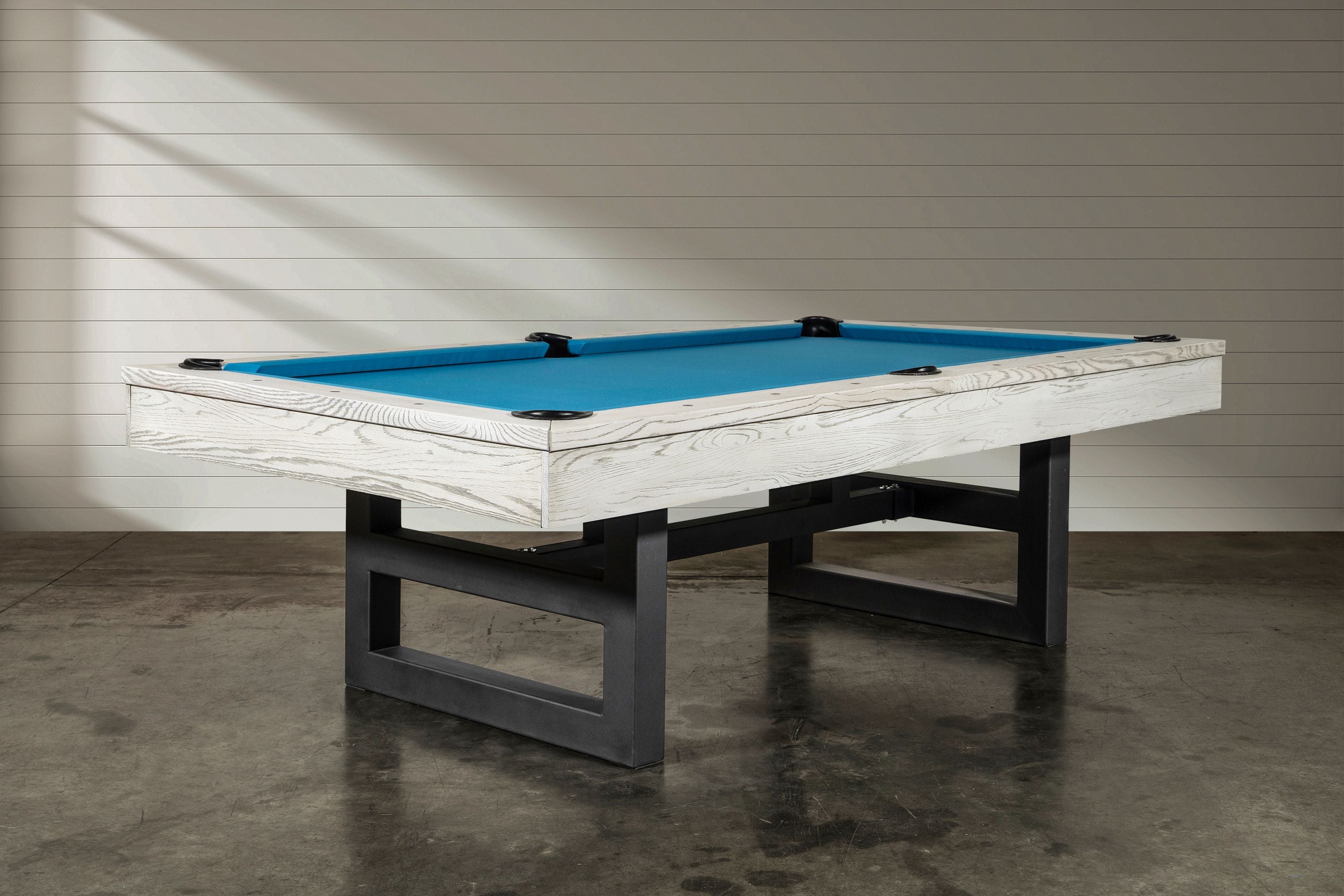 Nixon Billiards Mckay Slate Pool Table ISAF-90070/ISAF-90071 White Wash Corner Side Angle LifeStyle
