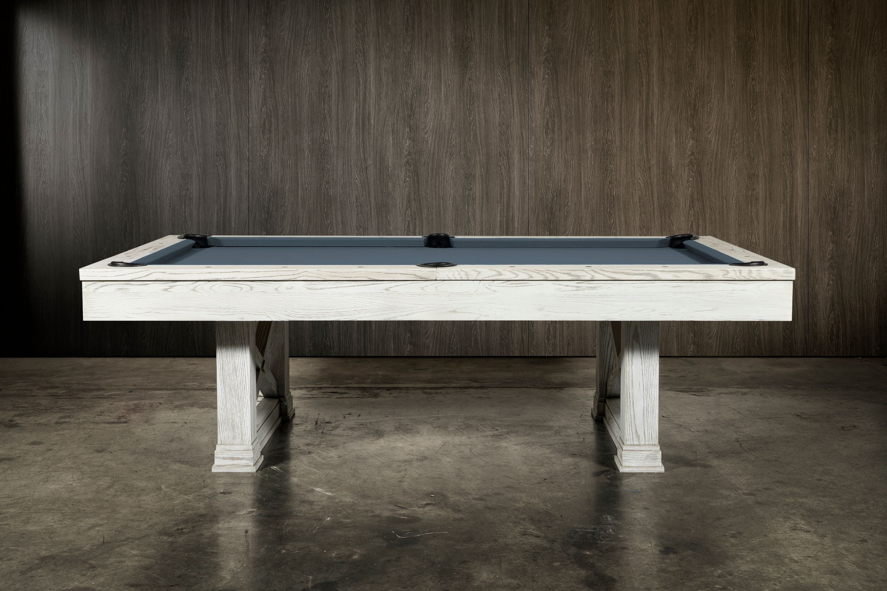 Nixon Billiards Nora Slate Pool Table ISAF-90060/ISAF-90062 White Wash Side Angle Lifestyle