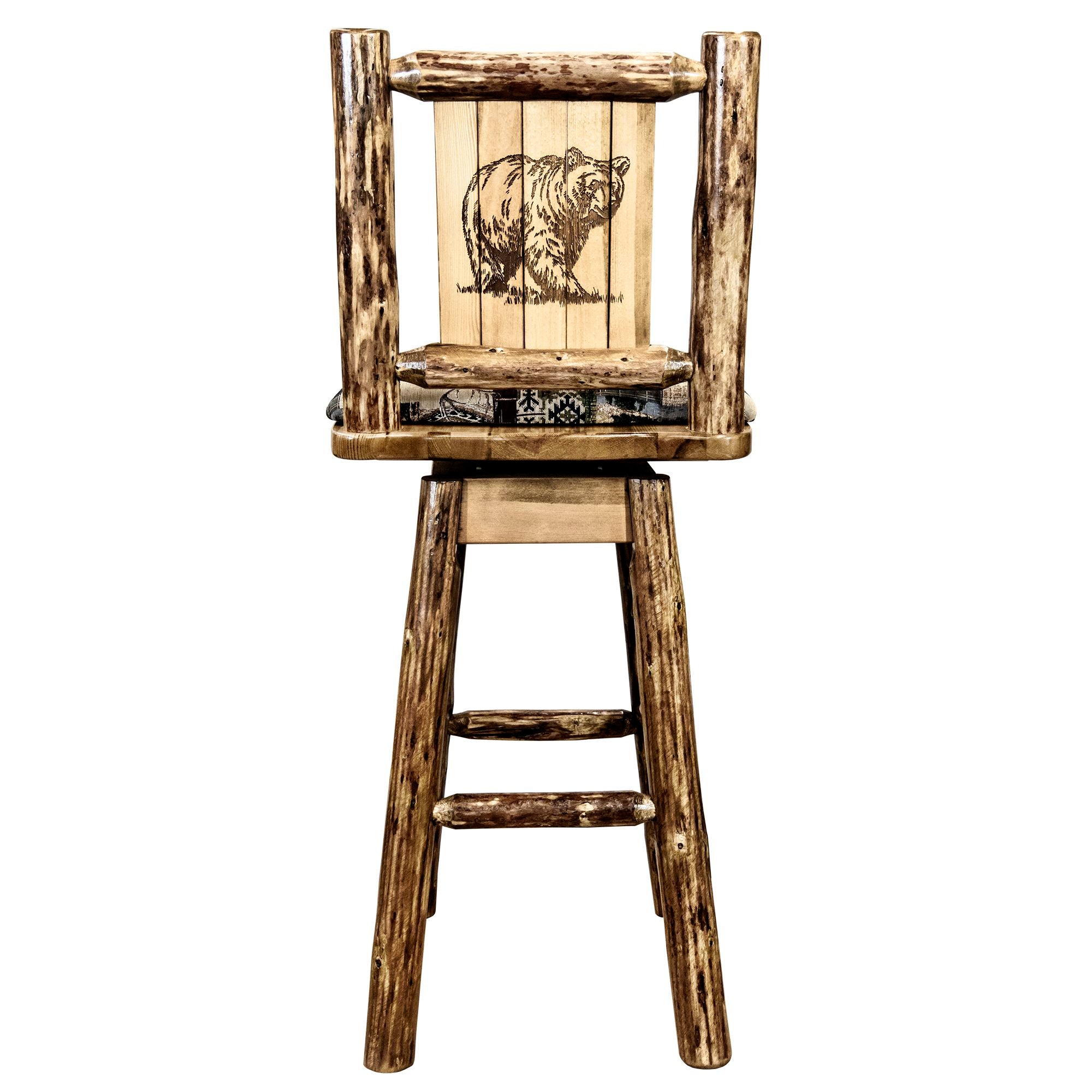 montana glacier country collection barstool with back swivel woodland pattern upholstery with laser engraved bear design mwgcbswsnrwoodlbear