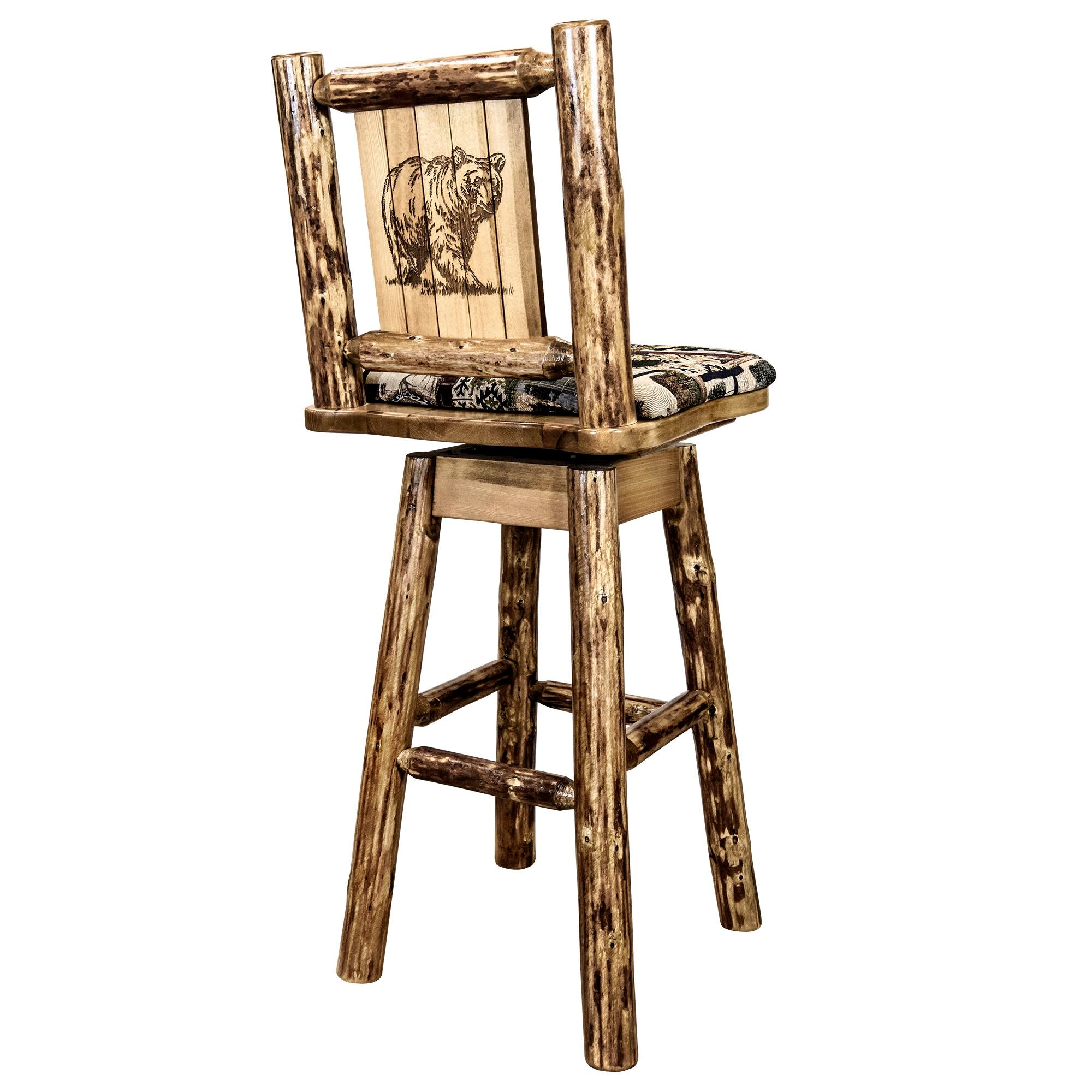 montana glacier country collection barstool with back swivel woodland pattern upholstery with laser engraved bear design mwgcbswsnrwoodlbear