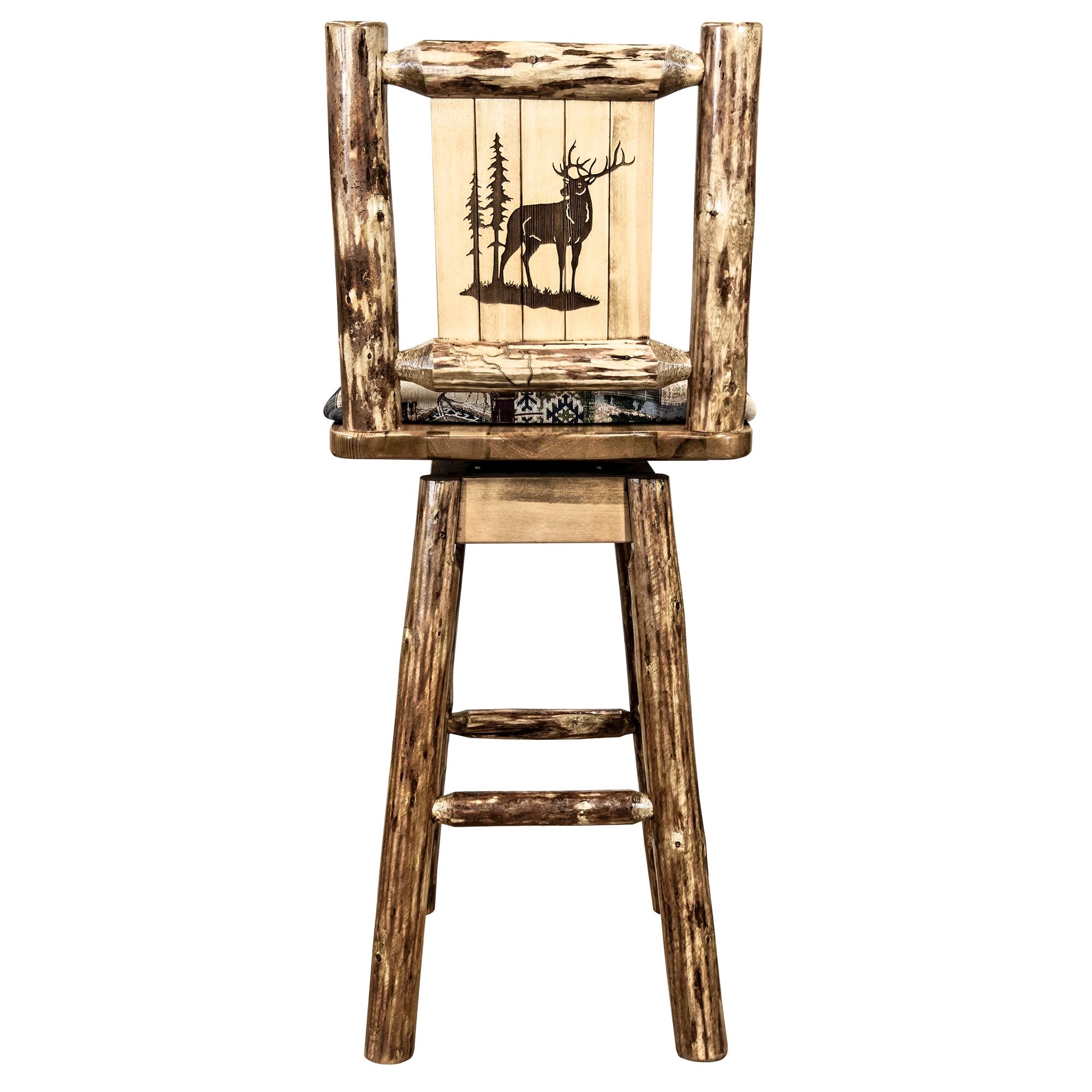 montana glacier country collection barstool with back swivel woodland pattern upholstery with laser engraved elk design mwgcbswsnrwoodlelk