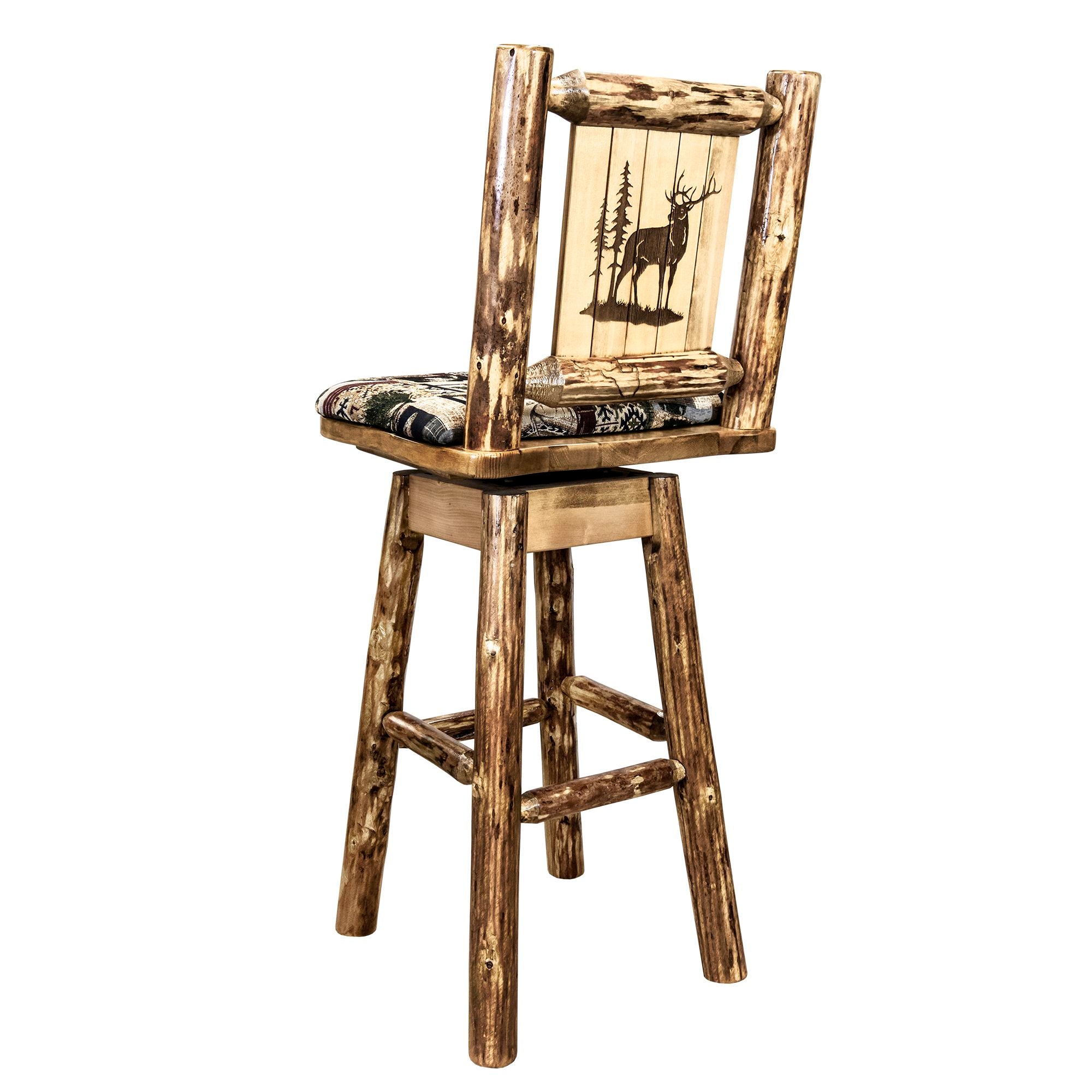 montana glacier country collection barstool with back swivel woodland pattern upholstery with laser engraved elk design mwgcbswsnrwoodlelk