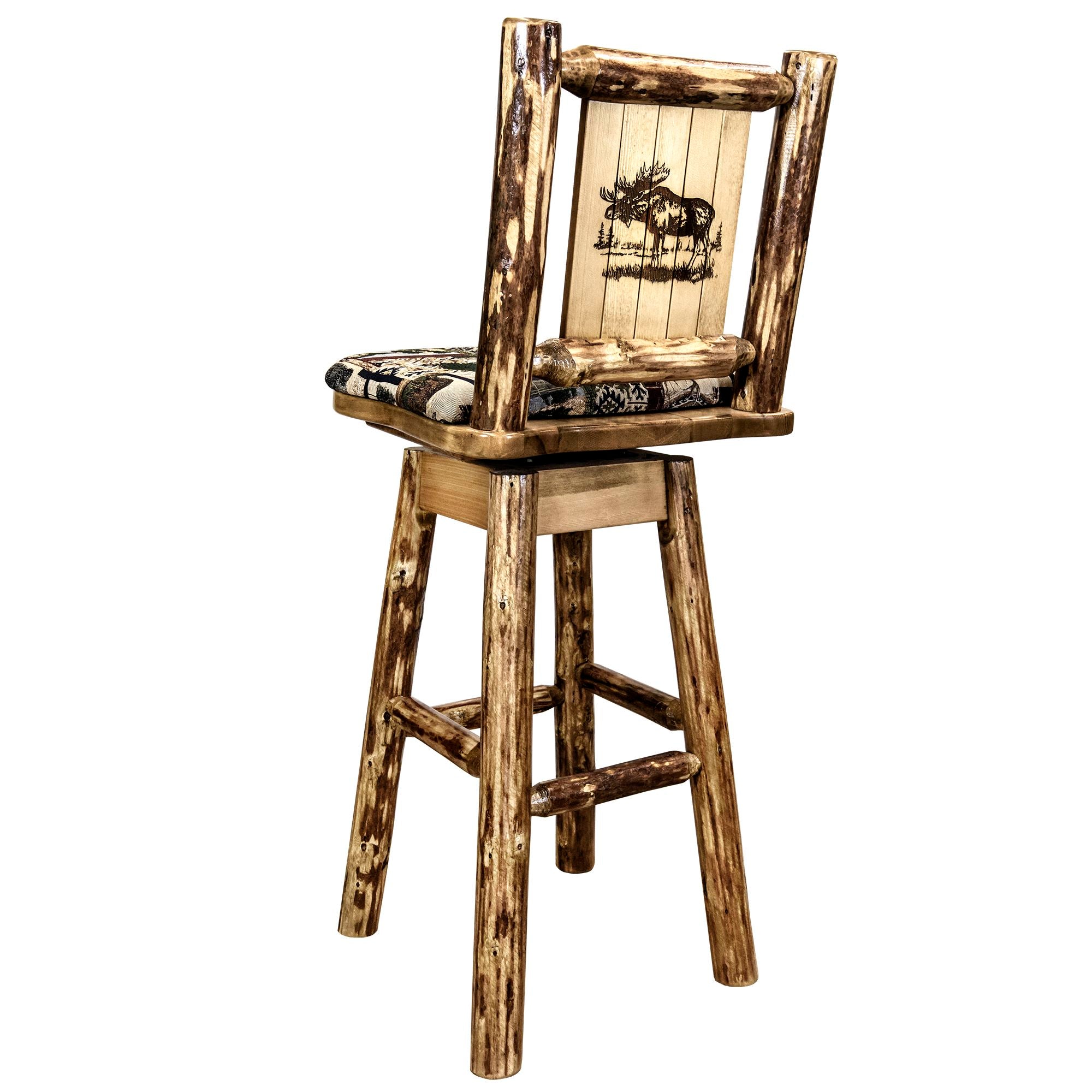 montana glacier country collection barstool with back swivel woodland pattern upholstery with laser engraved moose design mwgcbswsnrwoodlmoose