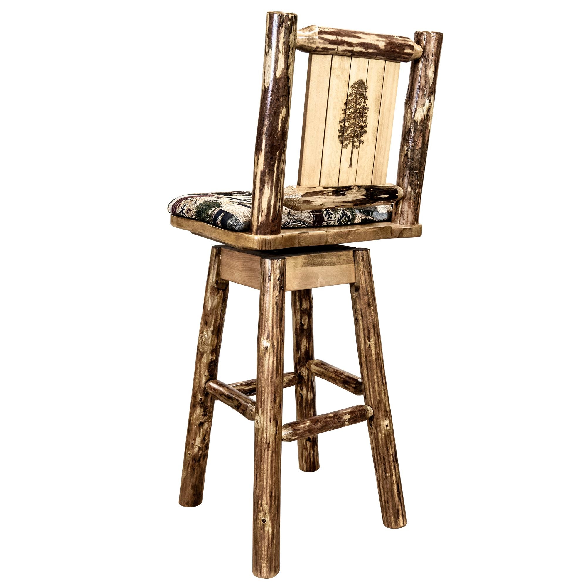 montana glacier country collection barstool with back swivel woodland pattern upholstery with laser engraved pinetree design mwgcbswsnrwoodlpine