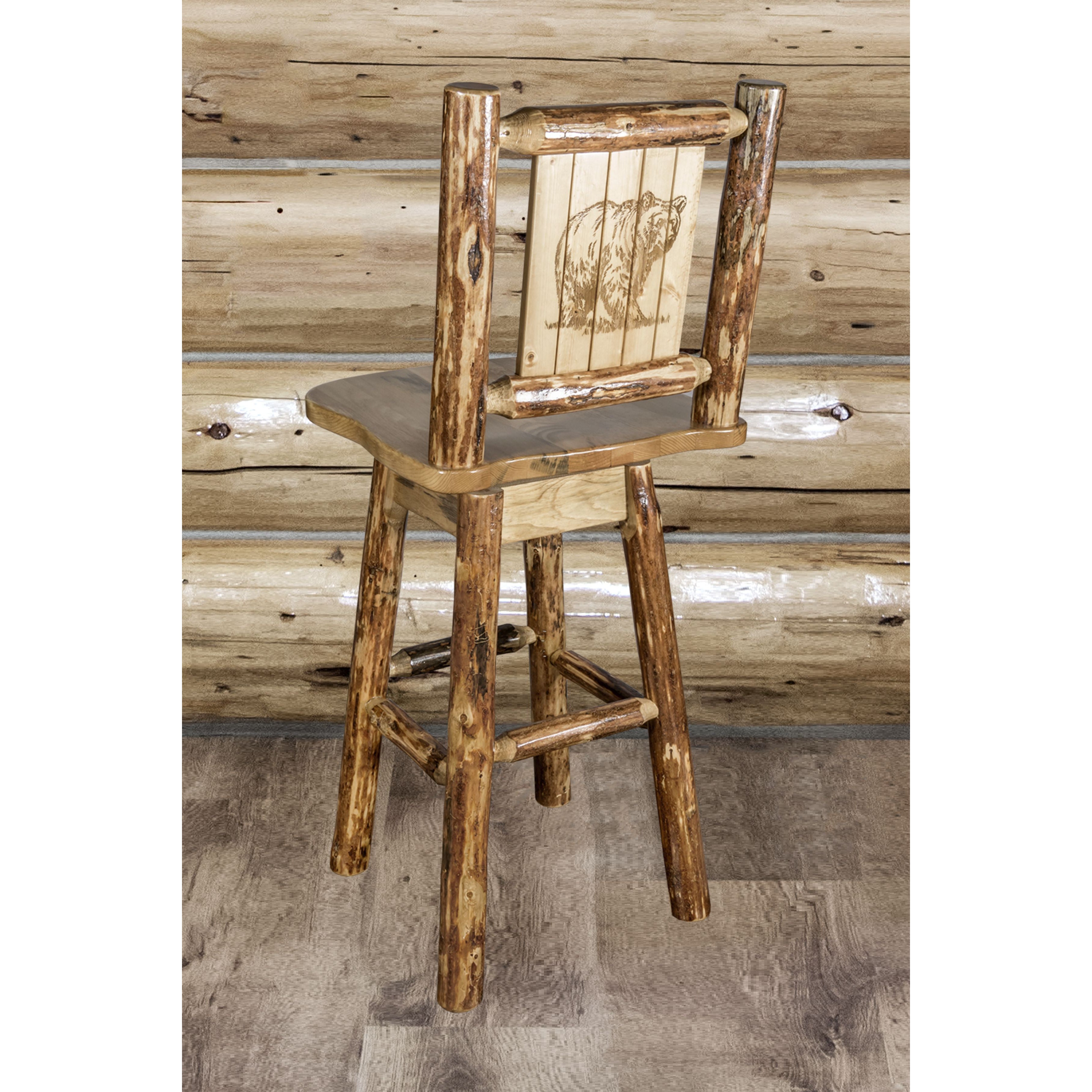 montana woodworks glacier country collection barstool with back and swivel with laser engraved bear design mwgcbswsnrlzbear indoor