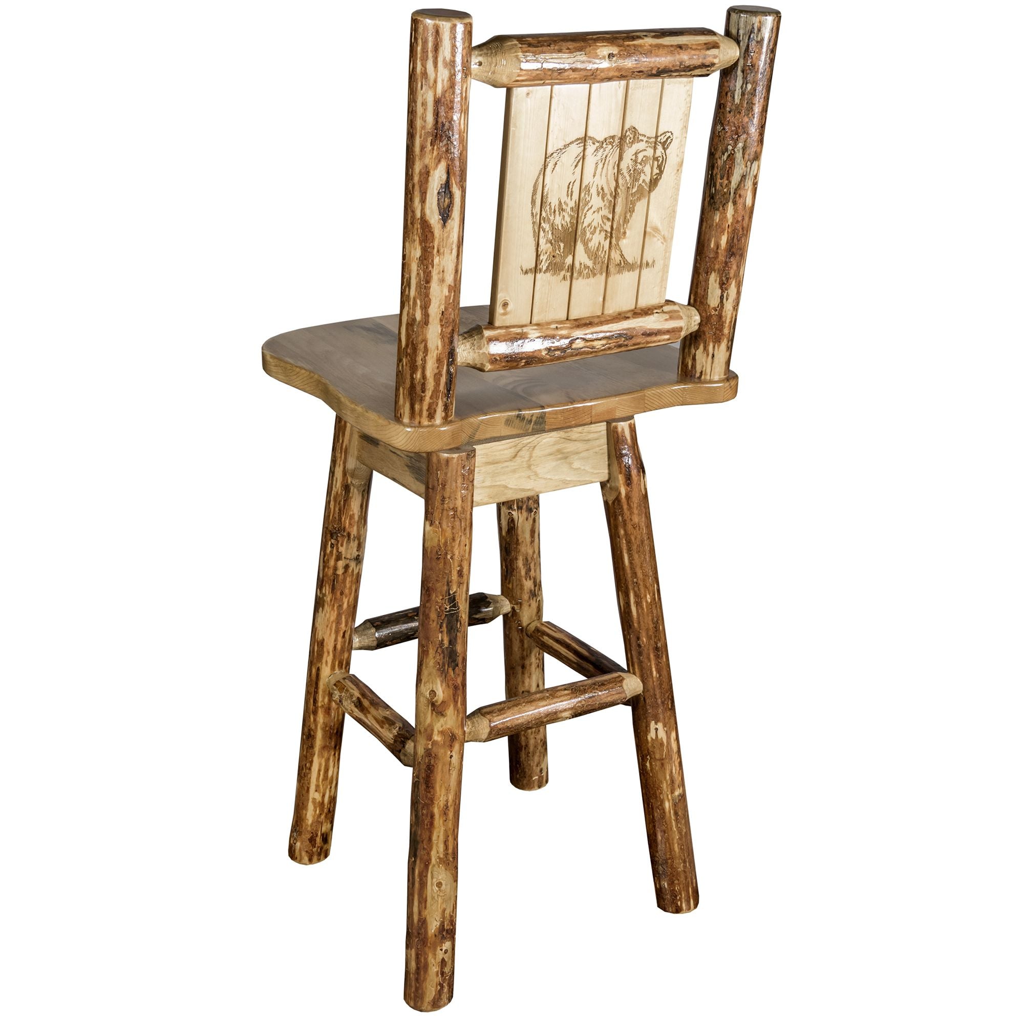 montana woodworks glacier country collection barstool with back and swivel with laser engraved bear design mwgcbswsnrlzbear