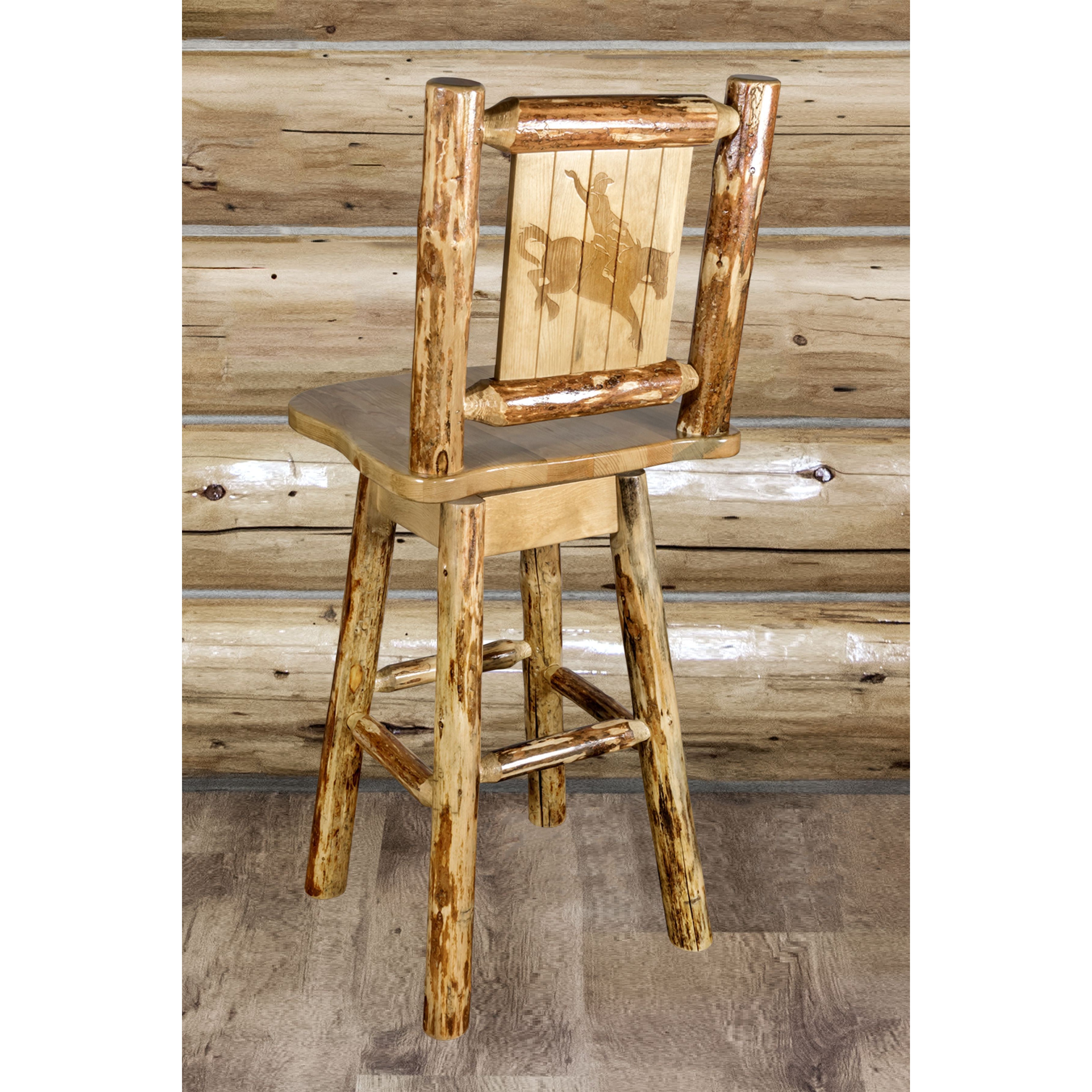montana woodworks glacier country collection barstool with back and swivel with laser engraved bronc design mwgcbswsnrlzbronc indoor