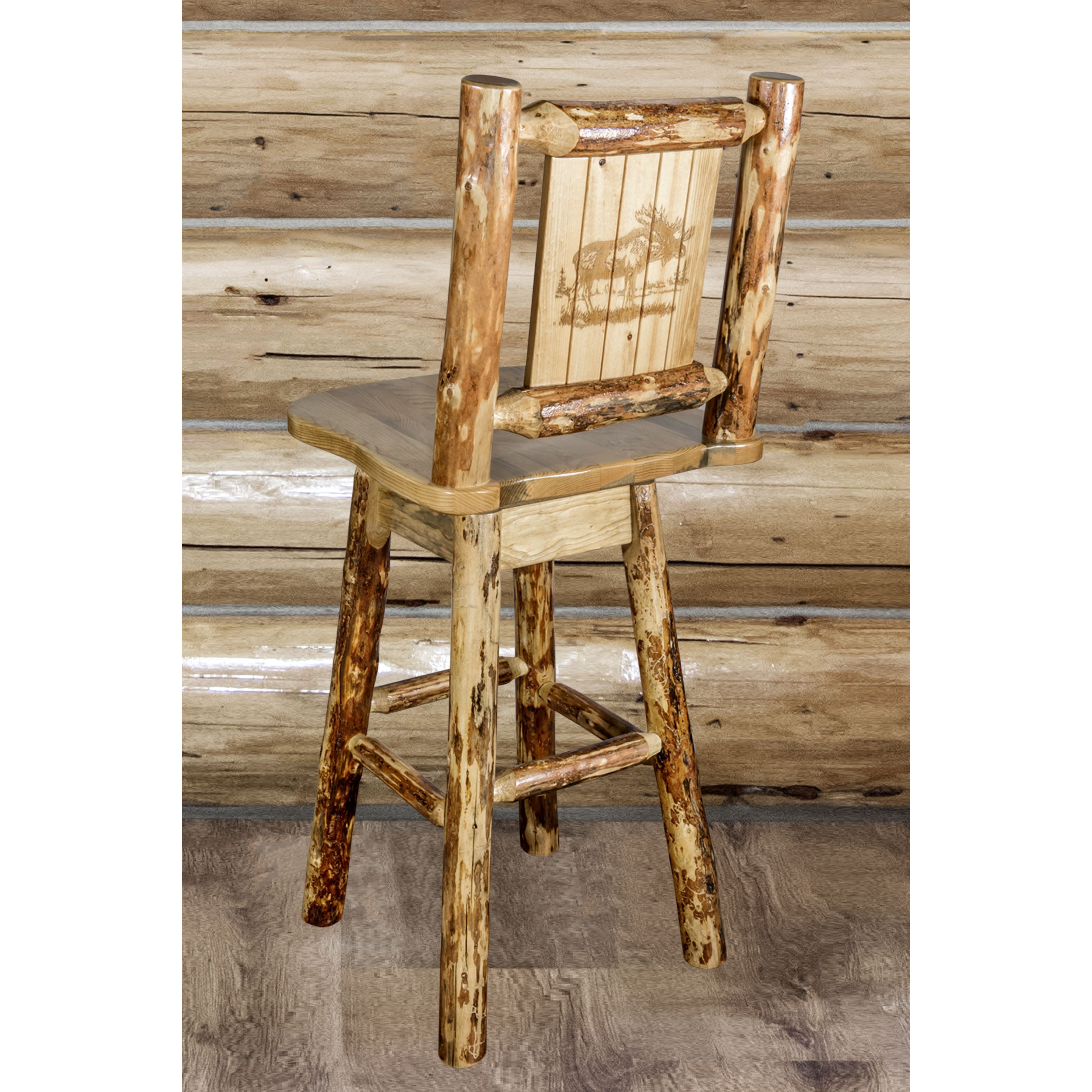 montana woodworks glacier country collection barstool with back and swivel with laser engraved moose design mwgcbswsnrlzmoose indoor