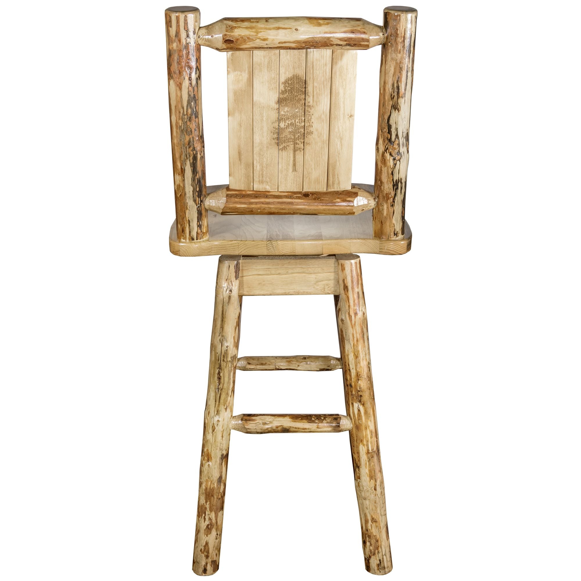 montana woodworks glacier country collection barstool with back and swivel with laser engraved pinetree design mwgcbswsnrlzpine back