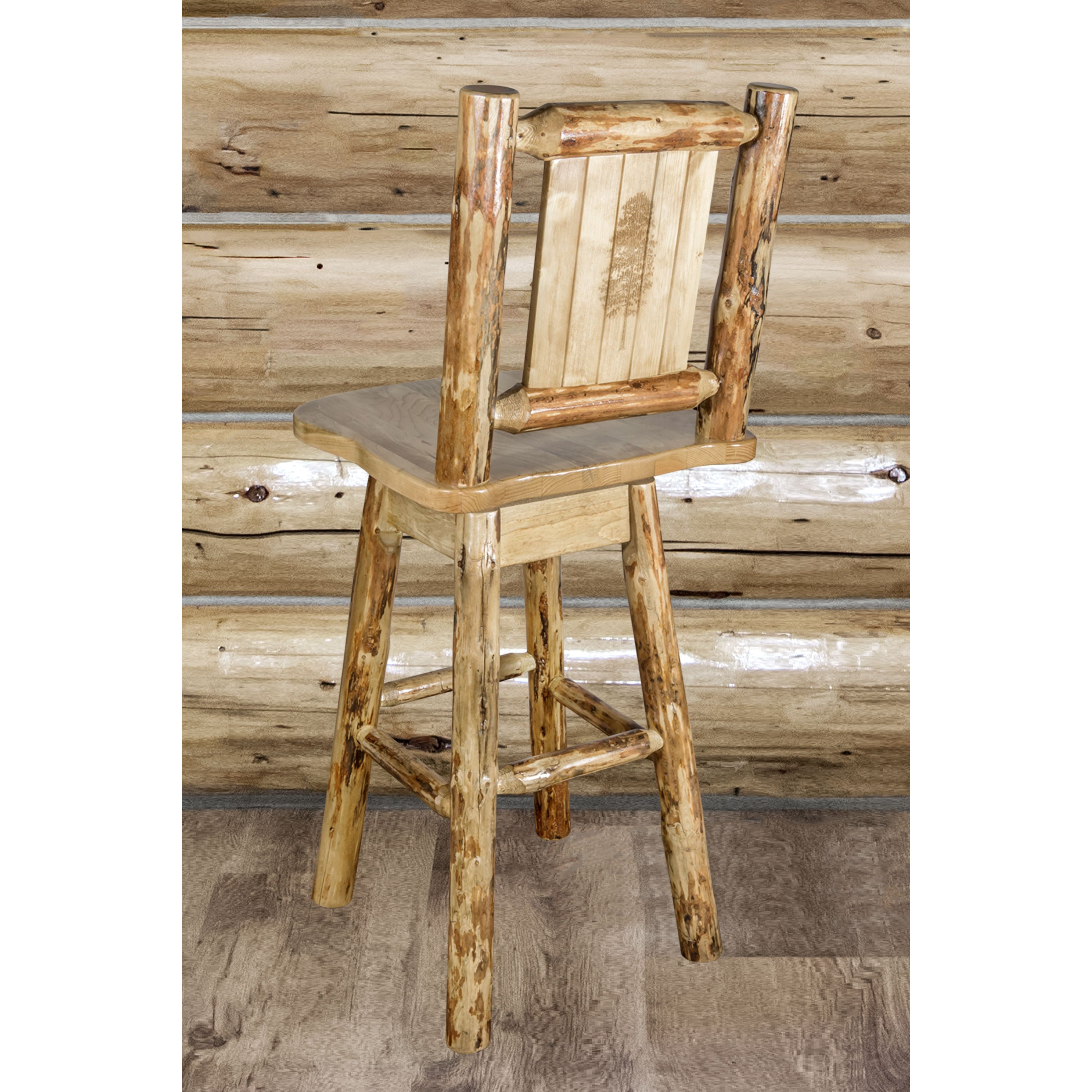 montana woodworks glacier country collection barstool with back and swivel with laser engraved pinetree design mwgcbswsnrlzpine indoor