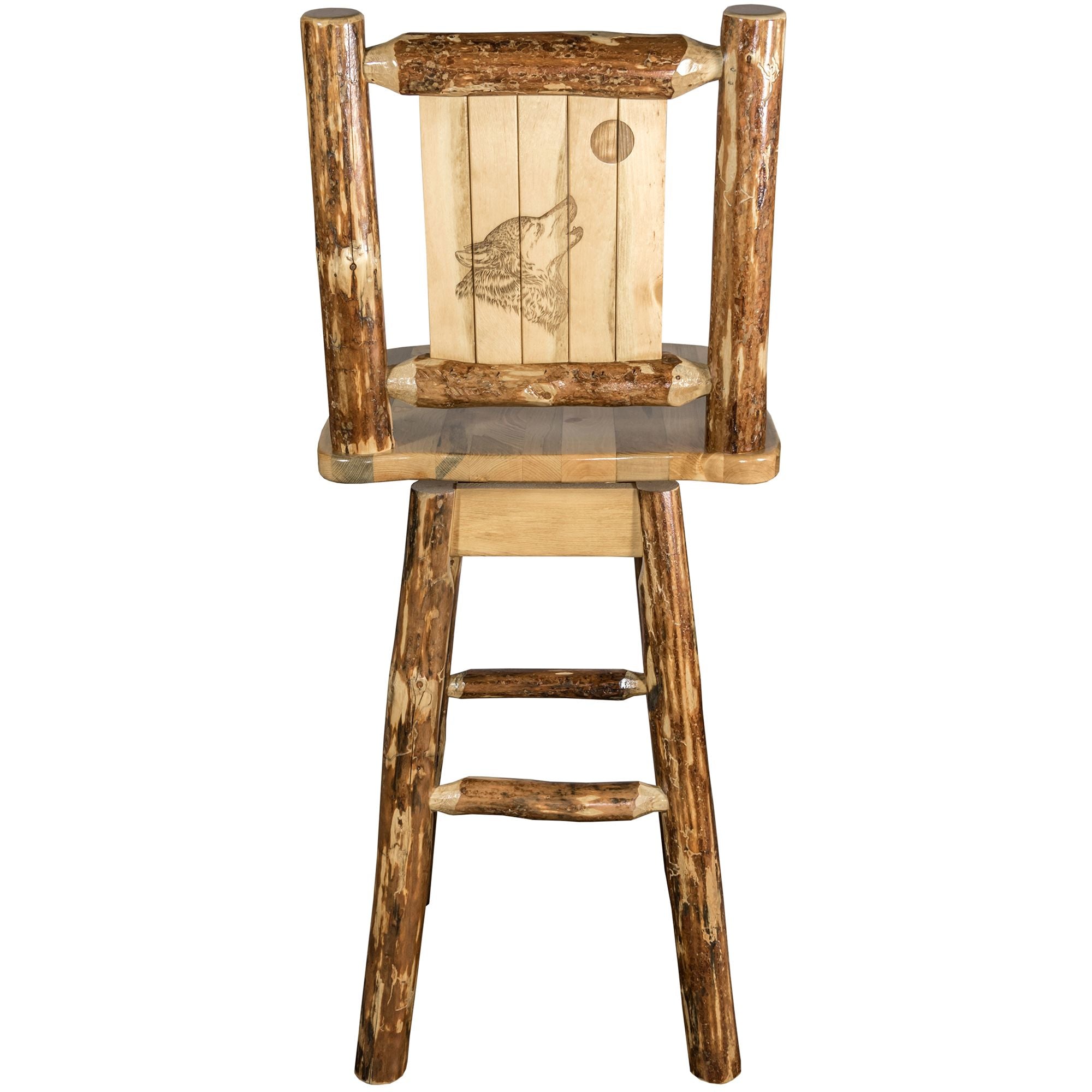 montana woodworks glacier country collection barstool with back and swivel with laser engraved wolf design mwgcbswsnrlzwolf back